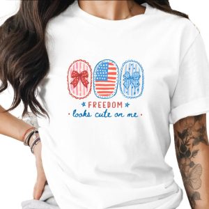Patriotic American Flag Freedom T-Shirt, Cute 4th of July Bows Graphic Tee, Red White Blue Summer Shirt for Women, Independence Day Gift