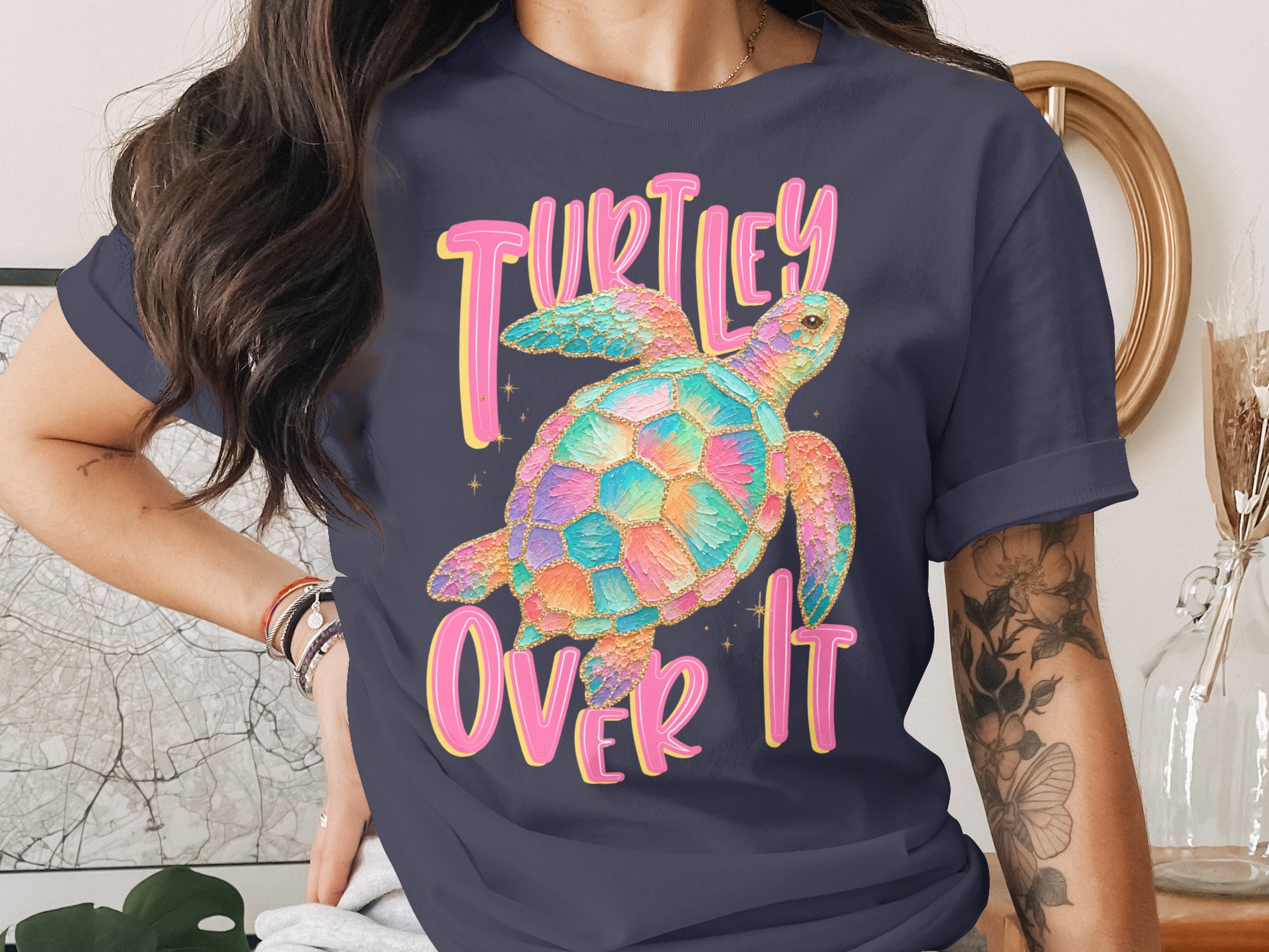 Turtley Over It T-Shirt, Faux Glitter Sea Turtle Tee, Sarcastic Beach Shirt, Colorful Ocean Lover Gift, Summer Vacation Top - Image 3