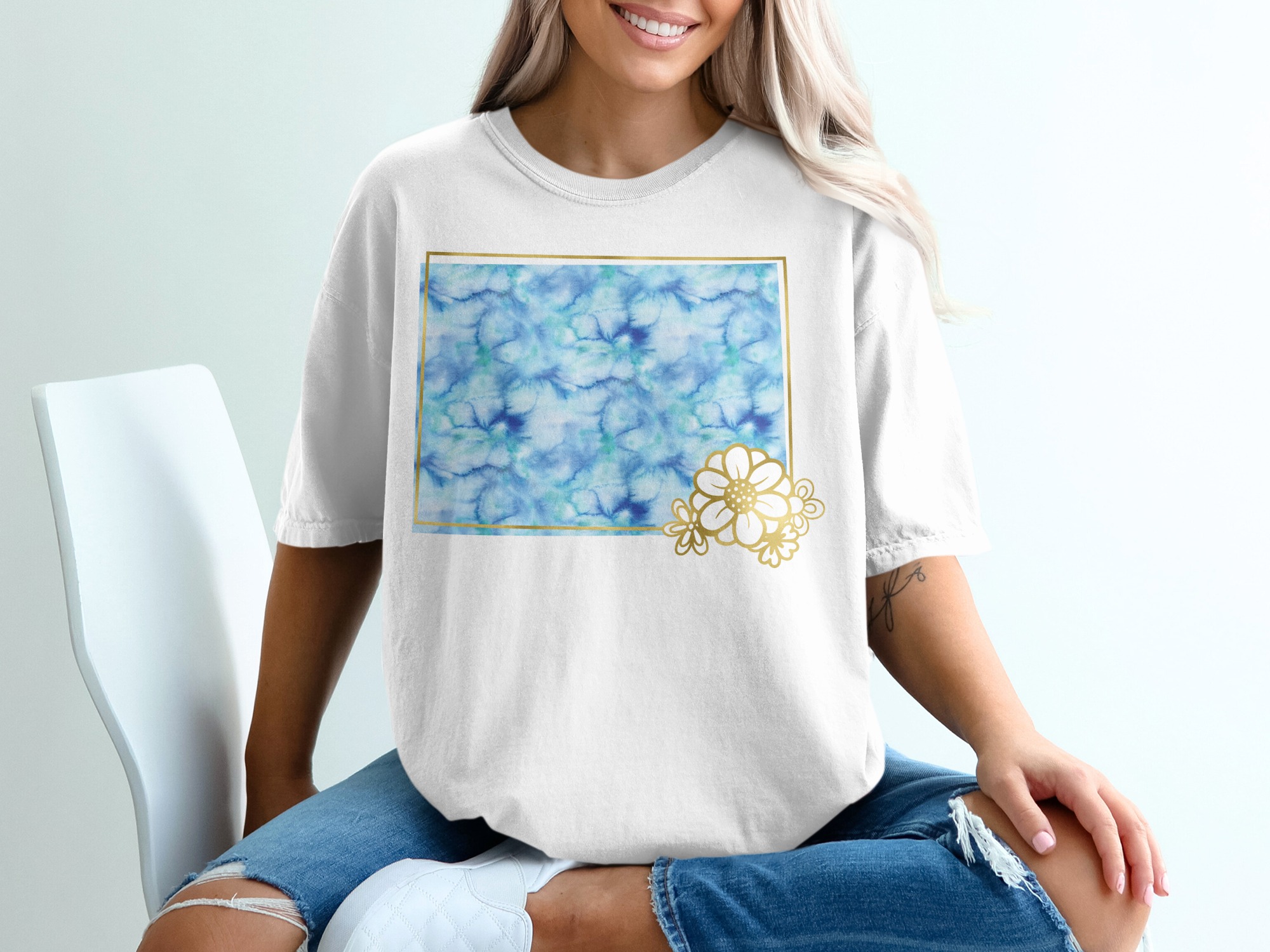 Watercolor Faux Gold Floral T-Shirt, Boho Blue Ombre Tee, Artistic Nature Lover Top, Elegant Flower Shirt, Trendy Unique Gift for Her - Image 6