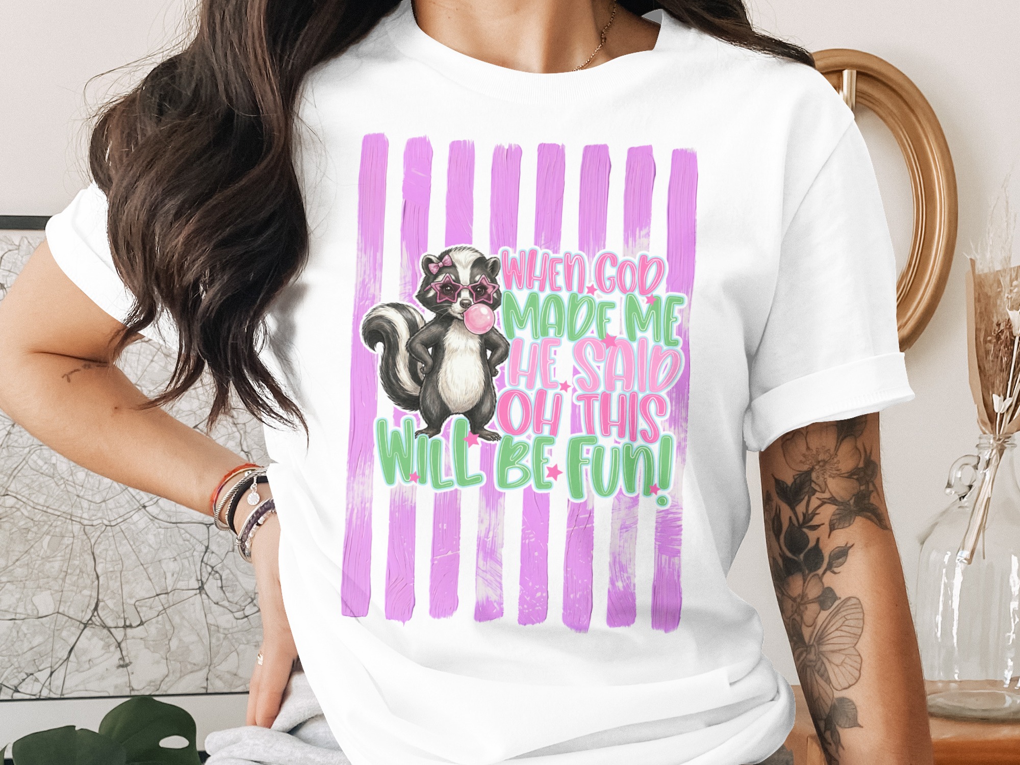 Comfort Colors® Funny Skunk T-Shirt, Sassy Bubblegum Skunk Tee, When God Made Me Oh This Will Be Fun Quote Shirt, Humorous Animal Lover Gift