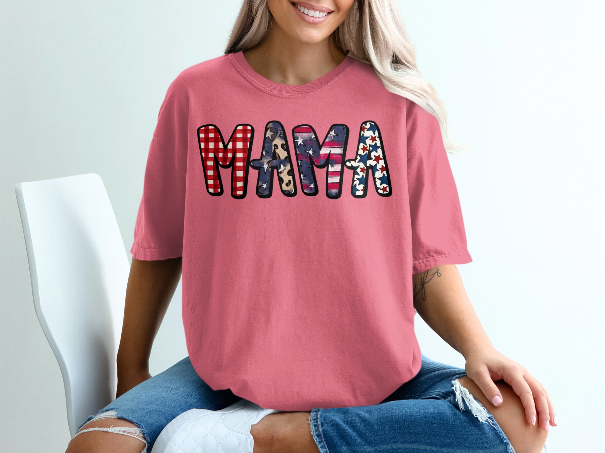 Patriotic Mama T-Shirt, American Flag Gingham Leopard Print Mom Life Tee, Distressed USA Stars Fourth of July Gift - Image 16