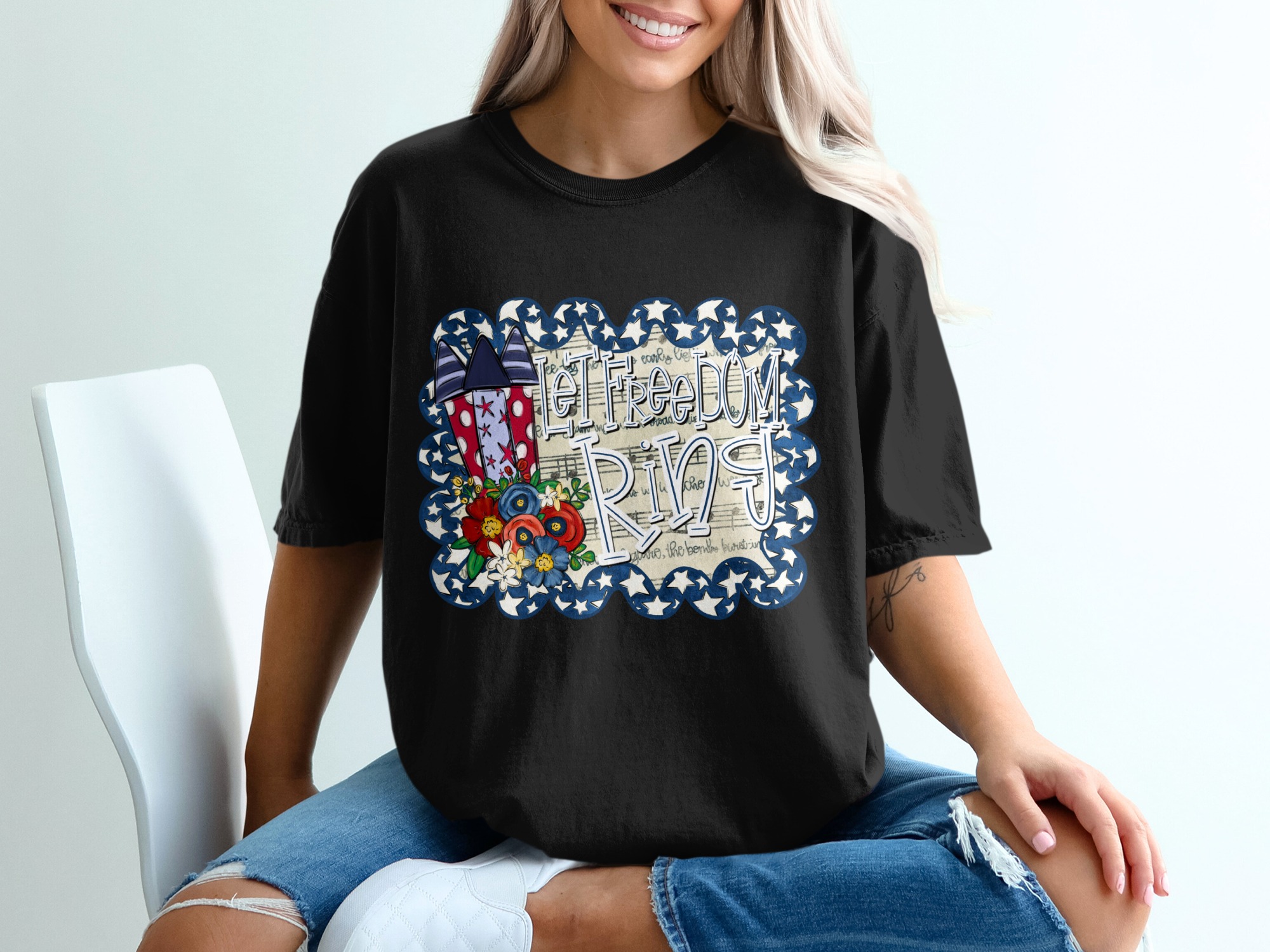 Let Freedom Ring T-Shirt, Patriotic 4th of July Shirt, Americana Tee with Flowers & Fireworks, Vintage Summer Top for Freedom Lovers - Image 2