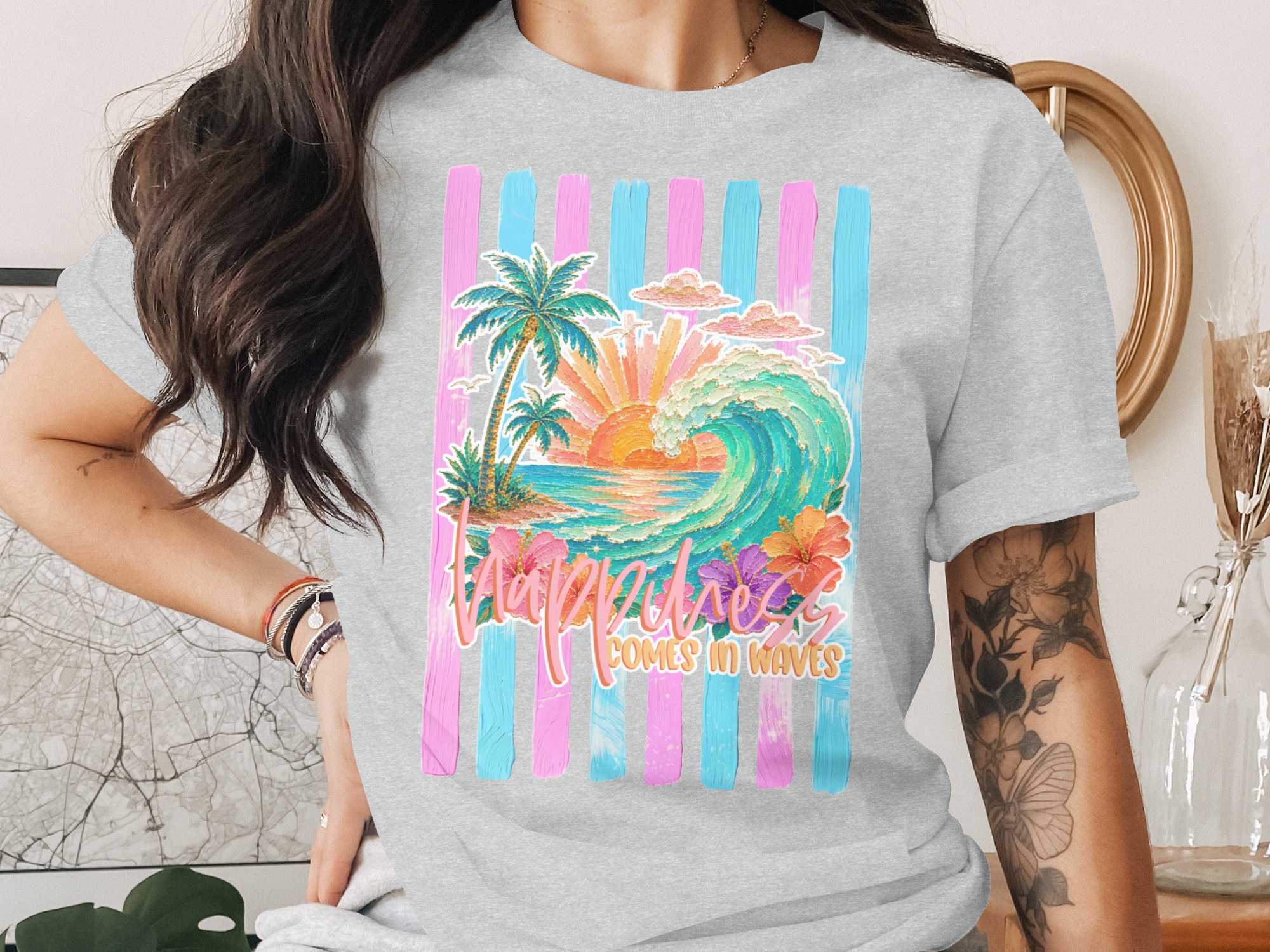 Comfort Colors ® Happiness Comes in Waves T-Shirt, Tropical Sunset Beach Wave Graphic Tee, Vacation Shirt, Ocean Lover Gift for Her, Summer - Image 2