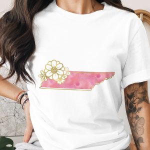 Tennessee Floral T-Shirt | Watercolor State Outline Tee with Faux Gold Print | Pink Southern Pride Shirt | Nashville Lover Gift for Her