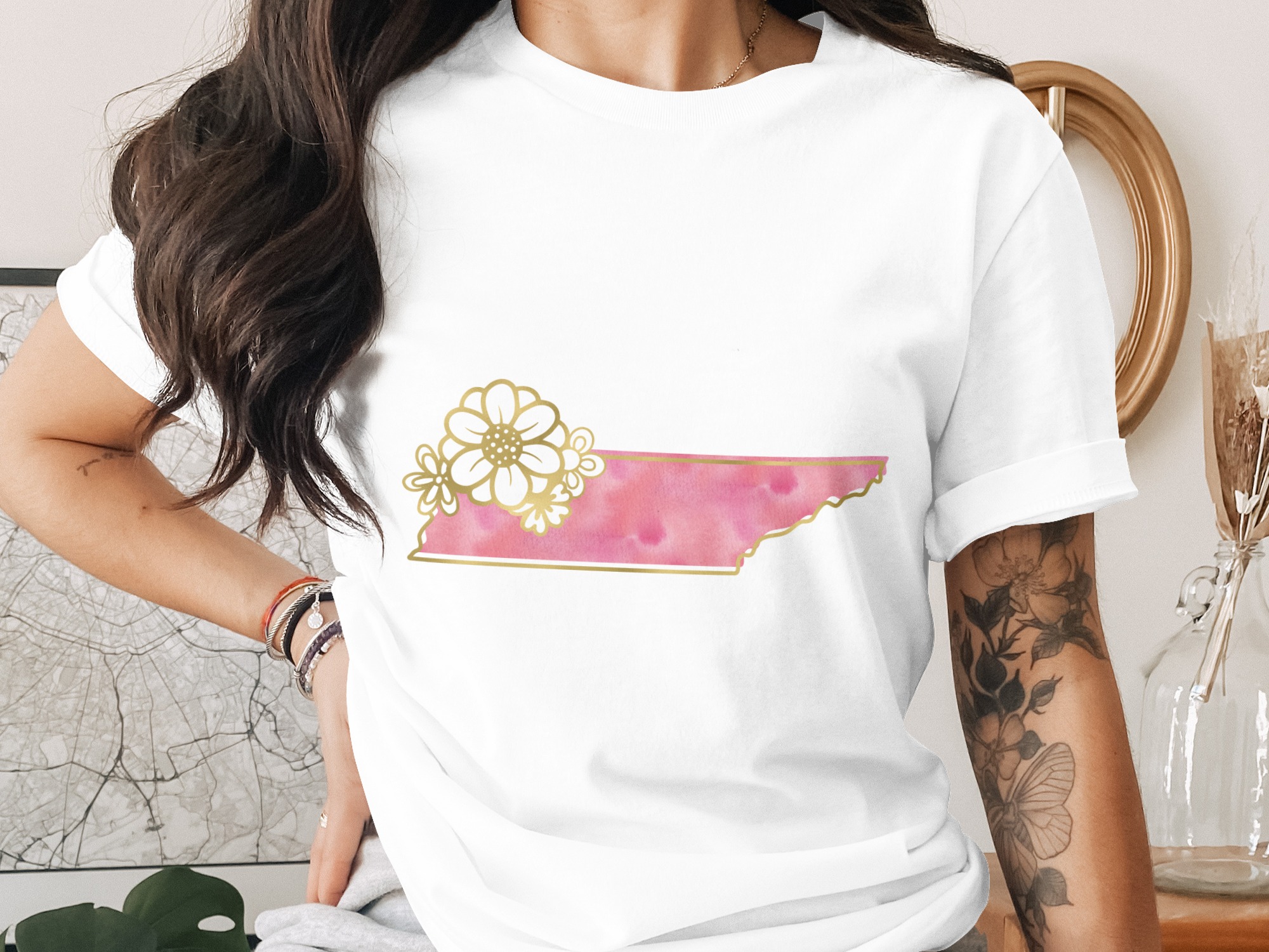 Tennessee Floral T-Shirt | Watercolor State Outline Tee with Faux Gold Print | Pink Southern Pride Shirt | Nashville Lover Gift for Her