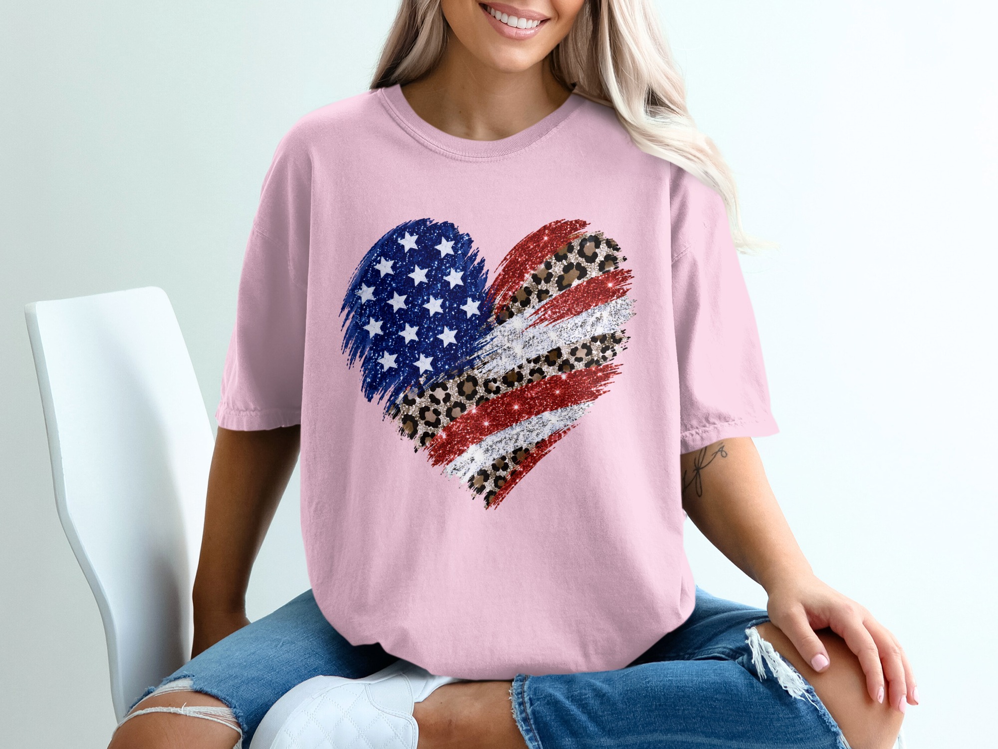 Comfort Colors® Patriotic Leopard Heart T-Shirt, American Flag Glitter Tee, 4th of July Shirt, Memorial Day, USA Pride, Trendy Gift for Her - Image 17
