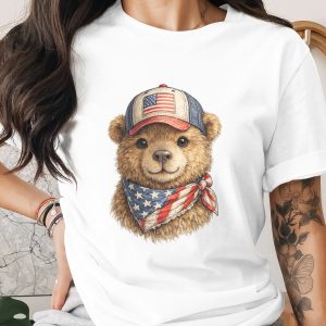 Patriotic Bear with American Flag Hat T-Shirt