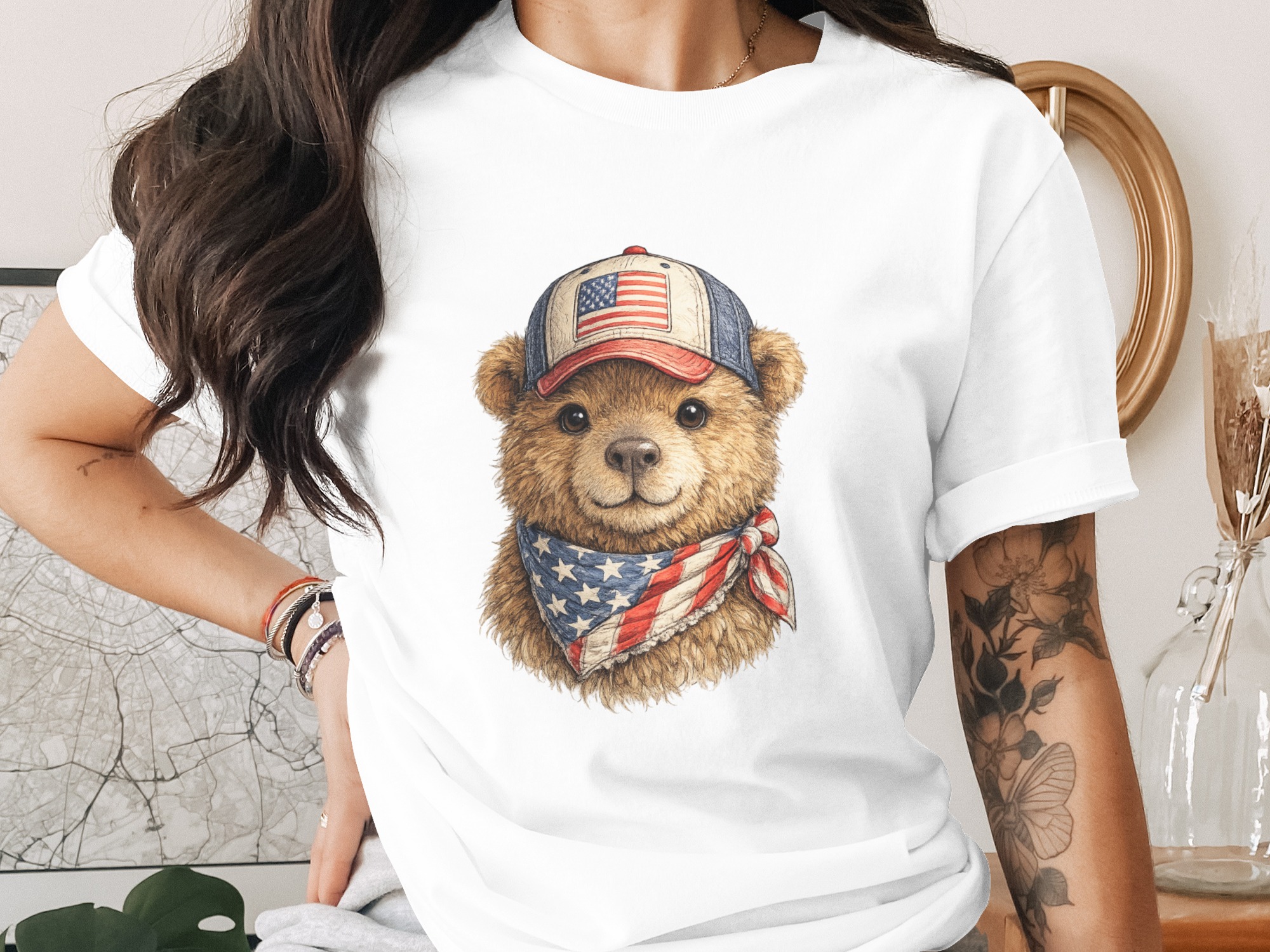Patriotic Bear with American Flag Hat T-Shirt