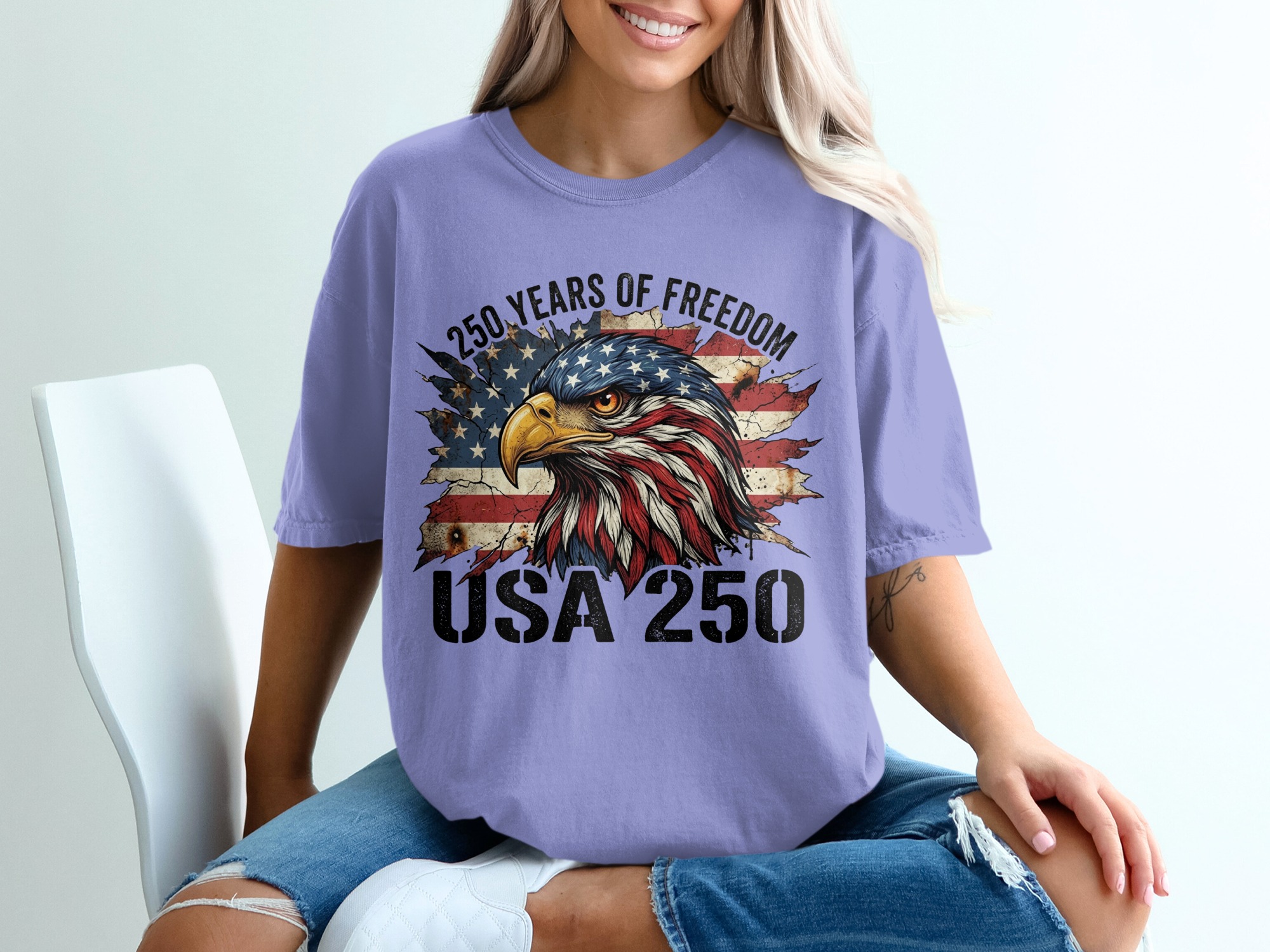 Patriotic American Eagle T-Shirt, USA 250 Years of Freedom Flag Tee, Distressed Heritage Commemorative Independence Day Shirt - Image 18