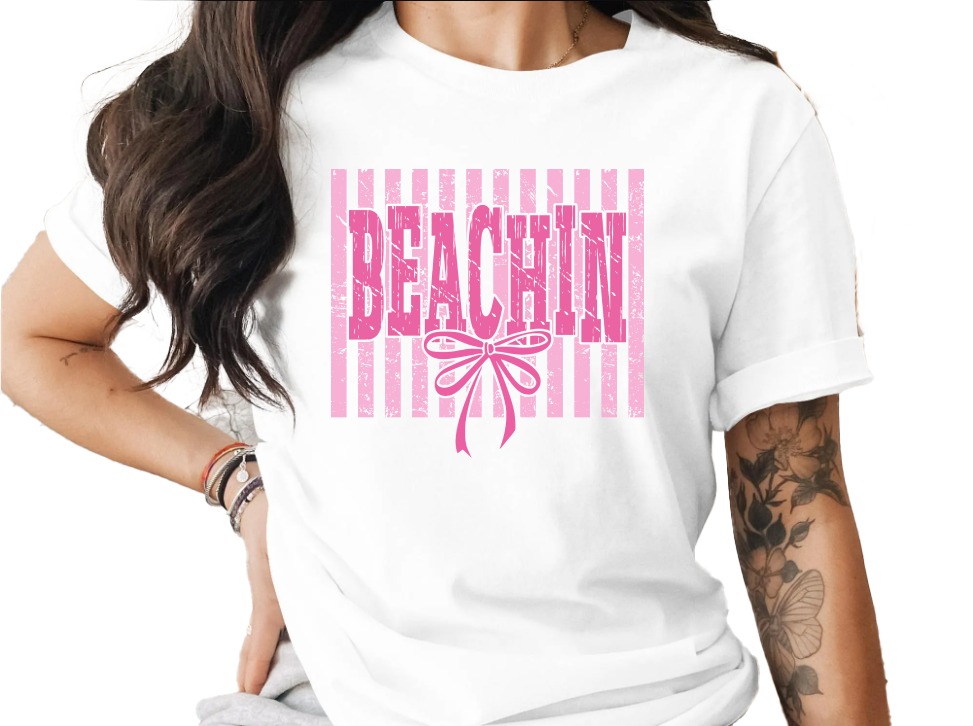 Beachin' T-Shirt, Pink Bow Tee, Summer Vacation Shirt, Barbiecore Aesthetic, Coquette Beach Top, Trendy Apparel Gift