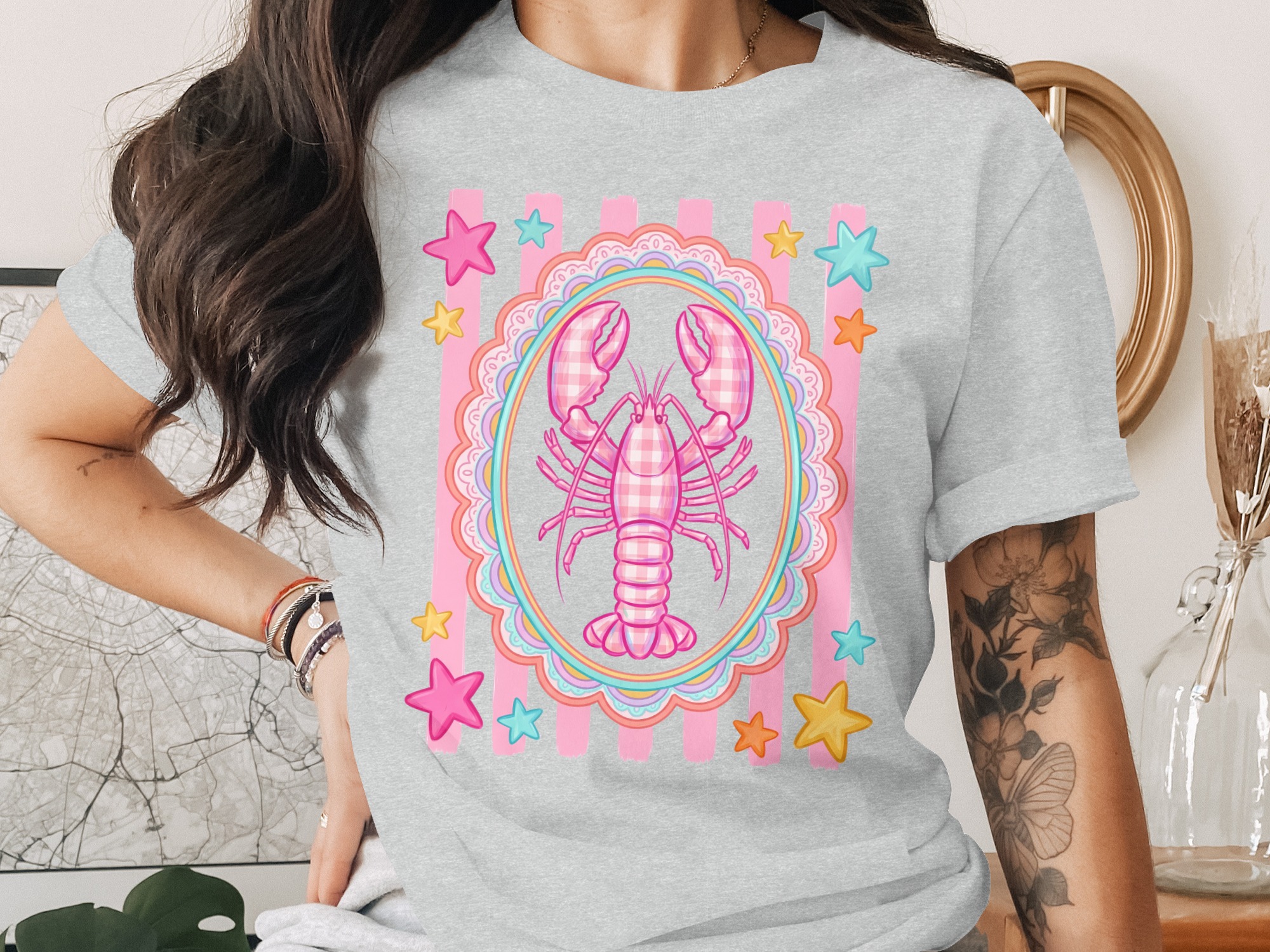 Comfort Colors® Lobster T-Shirt, Cute Pink Gingham Lobster Tee, Coquette Aesthetic Top, Whimsical Summer Beach, Coastal Cowgirl, Preppy - Image 2