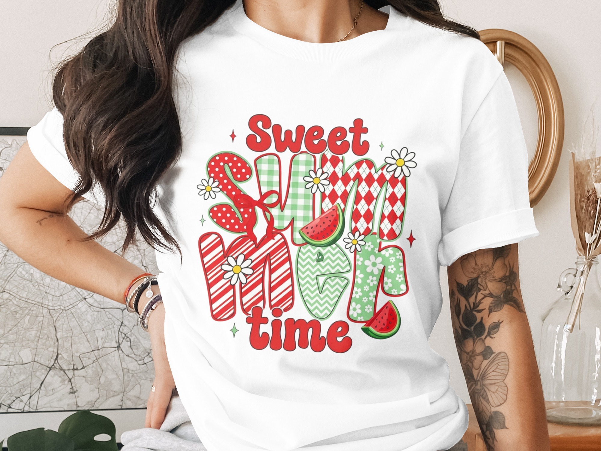 Sweet Summertime T-Shirt, Retro Summer Vacation Tee, Groovy Daisy Watermelon Shirt, Cheerful Cute Summer Time Apparel Gift for Her & Friend