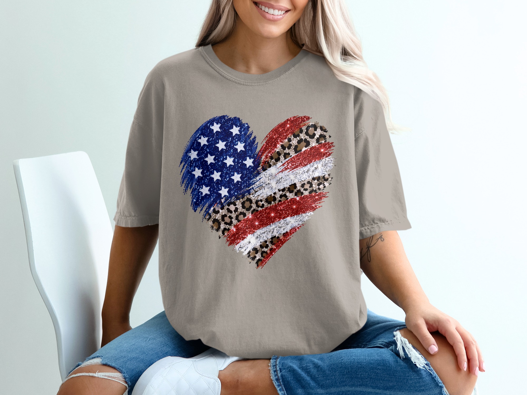 Comfort Colors® Patriotic Leopard Heart T-Shirt, American Flag Glitter Tee, 4th of July Shirt, Memorial Day, USA Pride, Trendy Gift for Her - Image 11