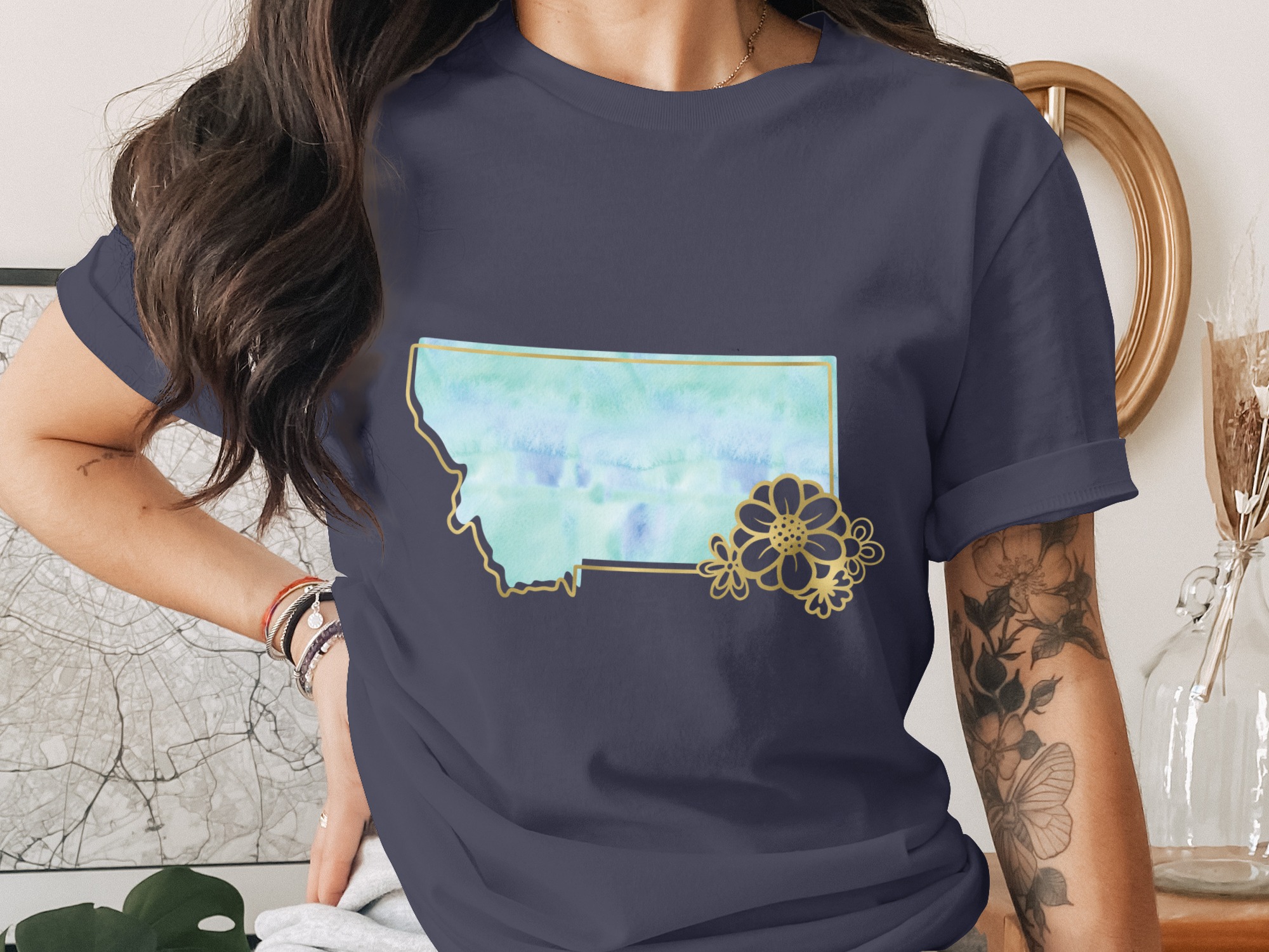 Montana T-Shirt | Watercolor Floral Montana State Outline Tee | Faux Gold Print Flowers | Big Sky Country Gift - Image 3