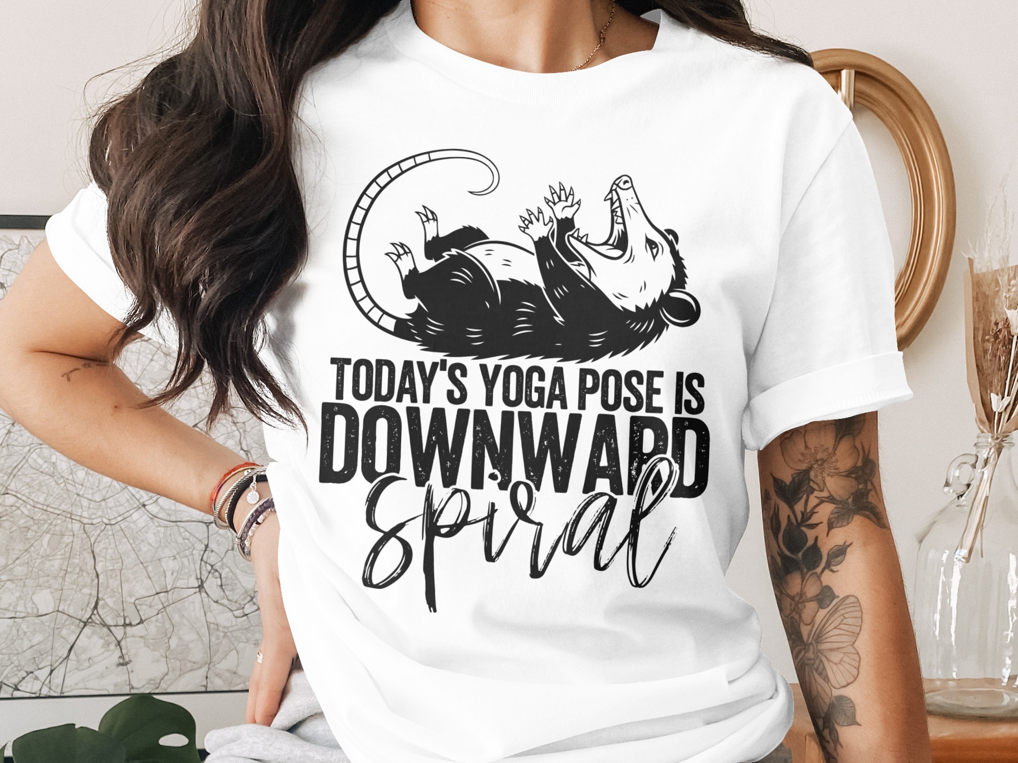 Downward Spiral Opossum Yoga Pose T-Shirt Funny Sarcastic Opossum Shirt Play Dead Tee Dark Humor Anti Yoga Gift for Her Him Trending Meme