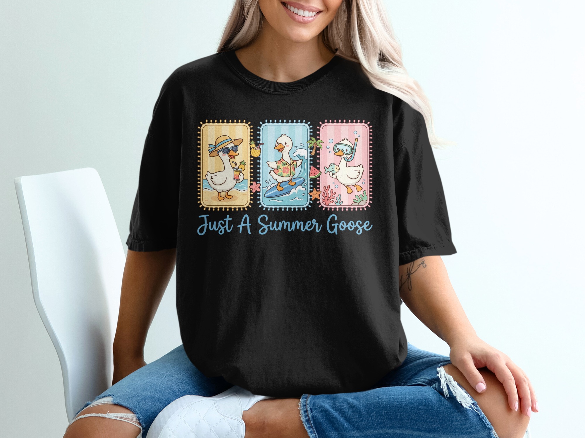 Just A Summer Goose T-Shirt, Cute Beach Vacation Tee, Kawaii Surfing Duck Snorkeling Ocean Animal Summer Vibes Graphic Shirt, Fun Holiday - Image 5