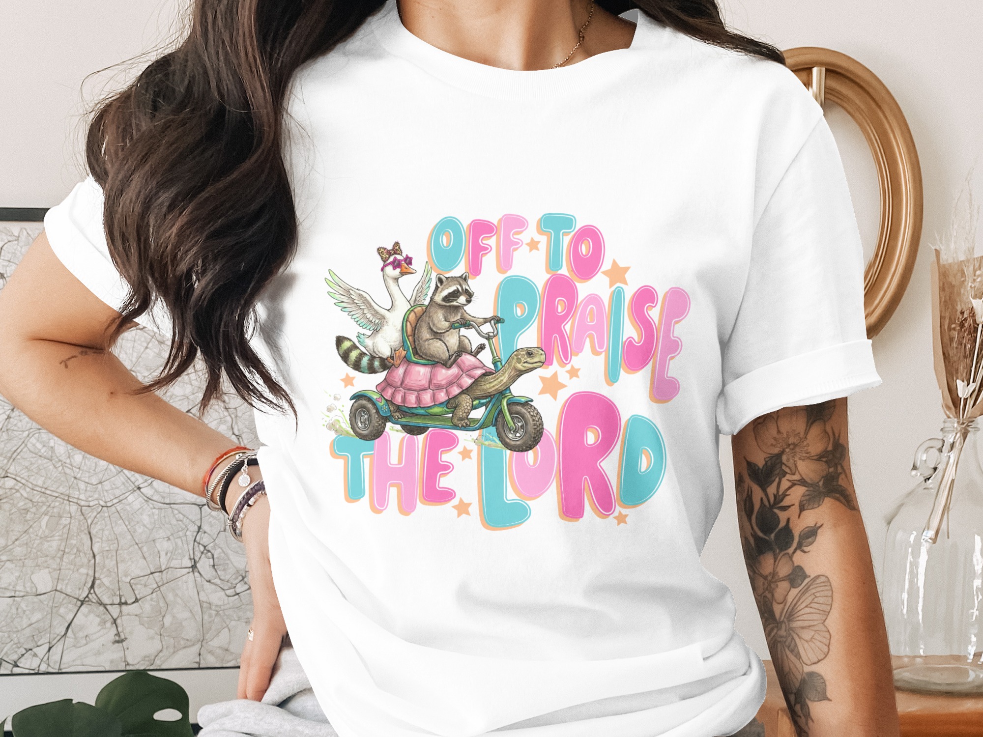 Off To Praise The Lord T-Shirt, Christian Animal Graphic Tee, Whimsical Faith Apparel, Cute Raccoon Turtle Goose Shirt Gift