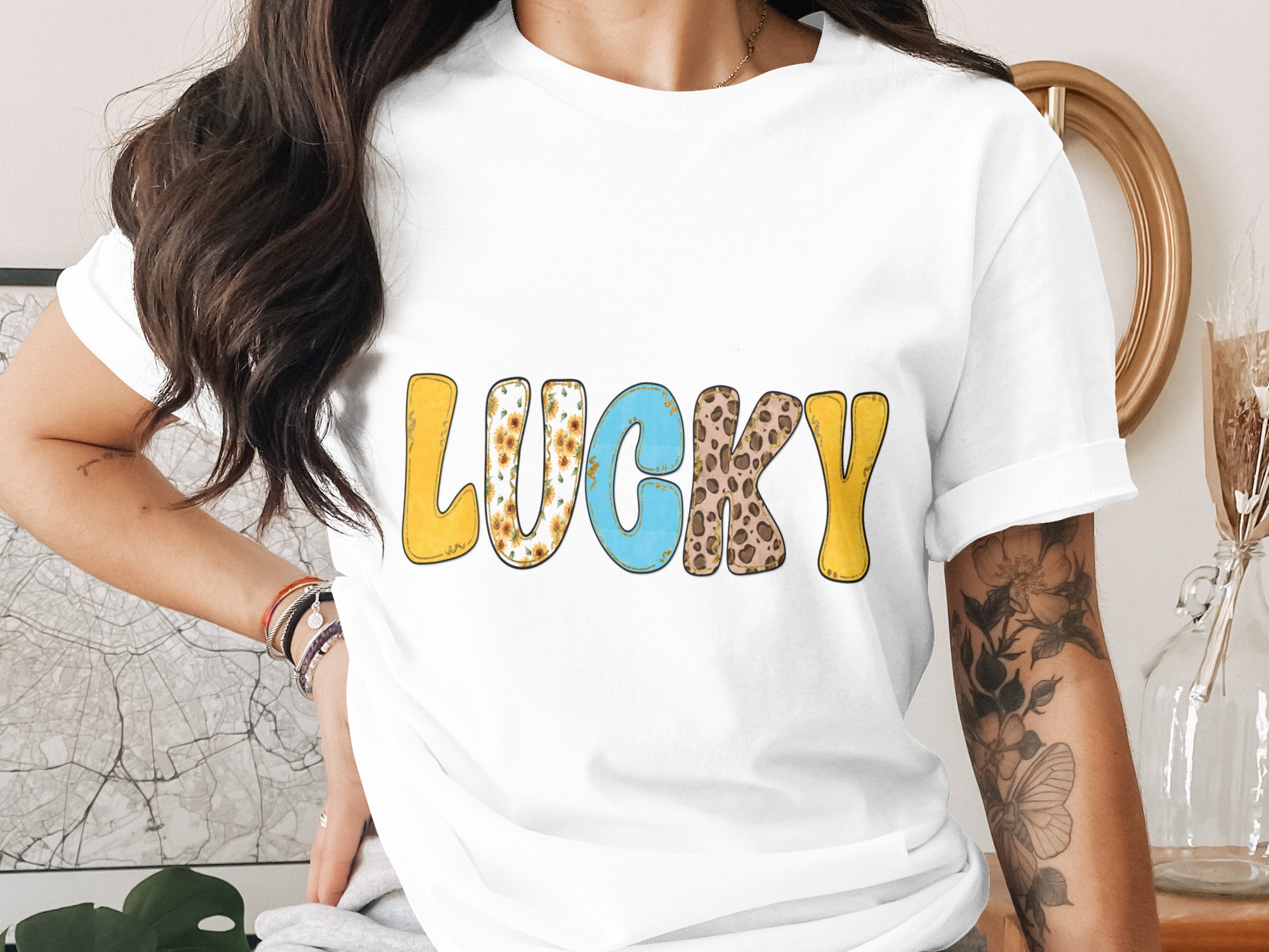 Lucky PNG Sublimation Design, Sunflower Leopard Print Boho Digital Download, St Patricks Day Faux Glitter Teacher Art