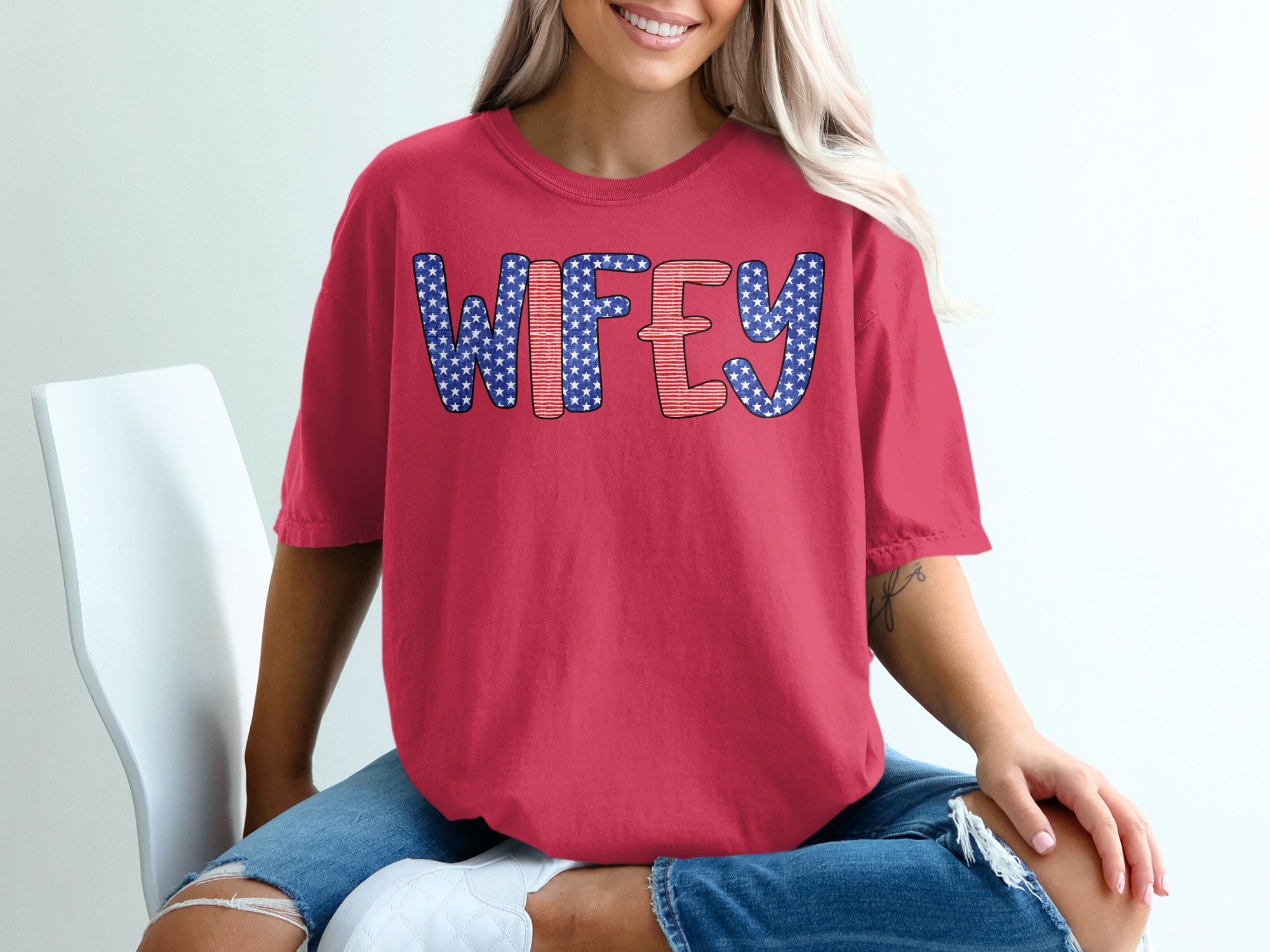 Patriotic Wifey T-Shirt, American Flag Wifey Shirt, Fourth of July Wife Tee, Military Spouse Gift, Engagement Gift, New Mrs. Country Style - Image 14
