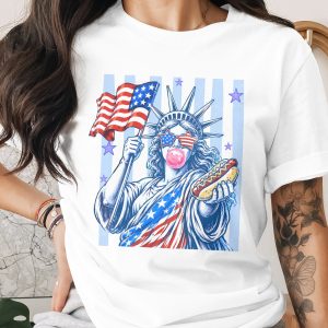 Lady Liberty Hot Dog T-Shirt, Patriotic American Flag Bubblegum Tee, Funny 4th of July Summer Party Shirt, USA Gift
