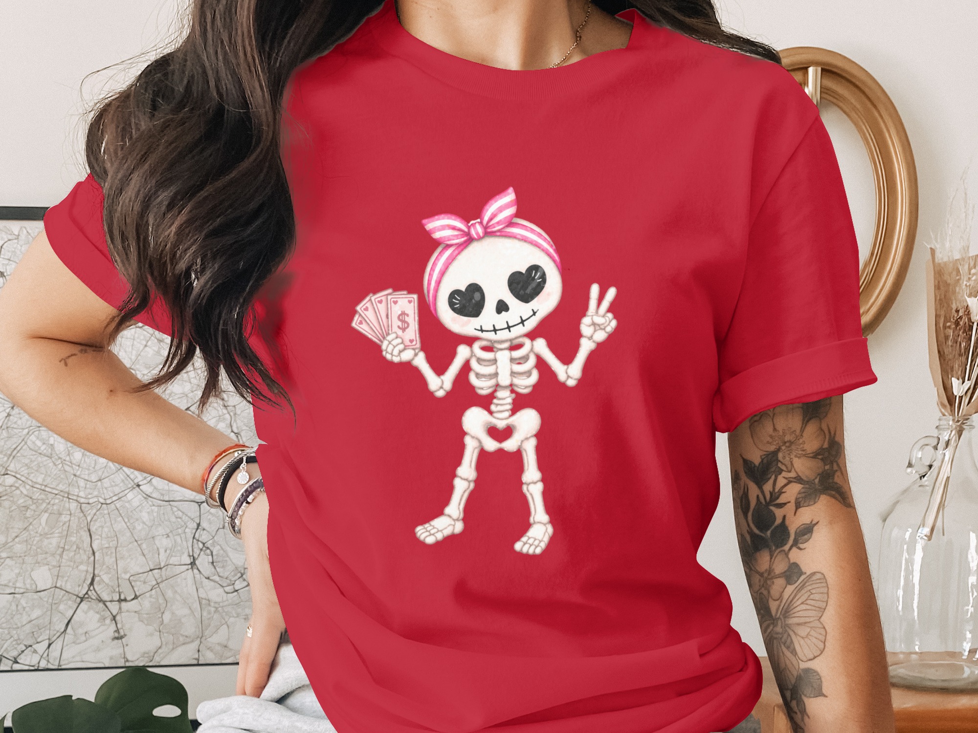 Cute Pink Skeleton T-Shirt: Heart Eyes & Money Cards - Image 2