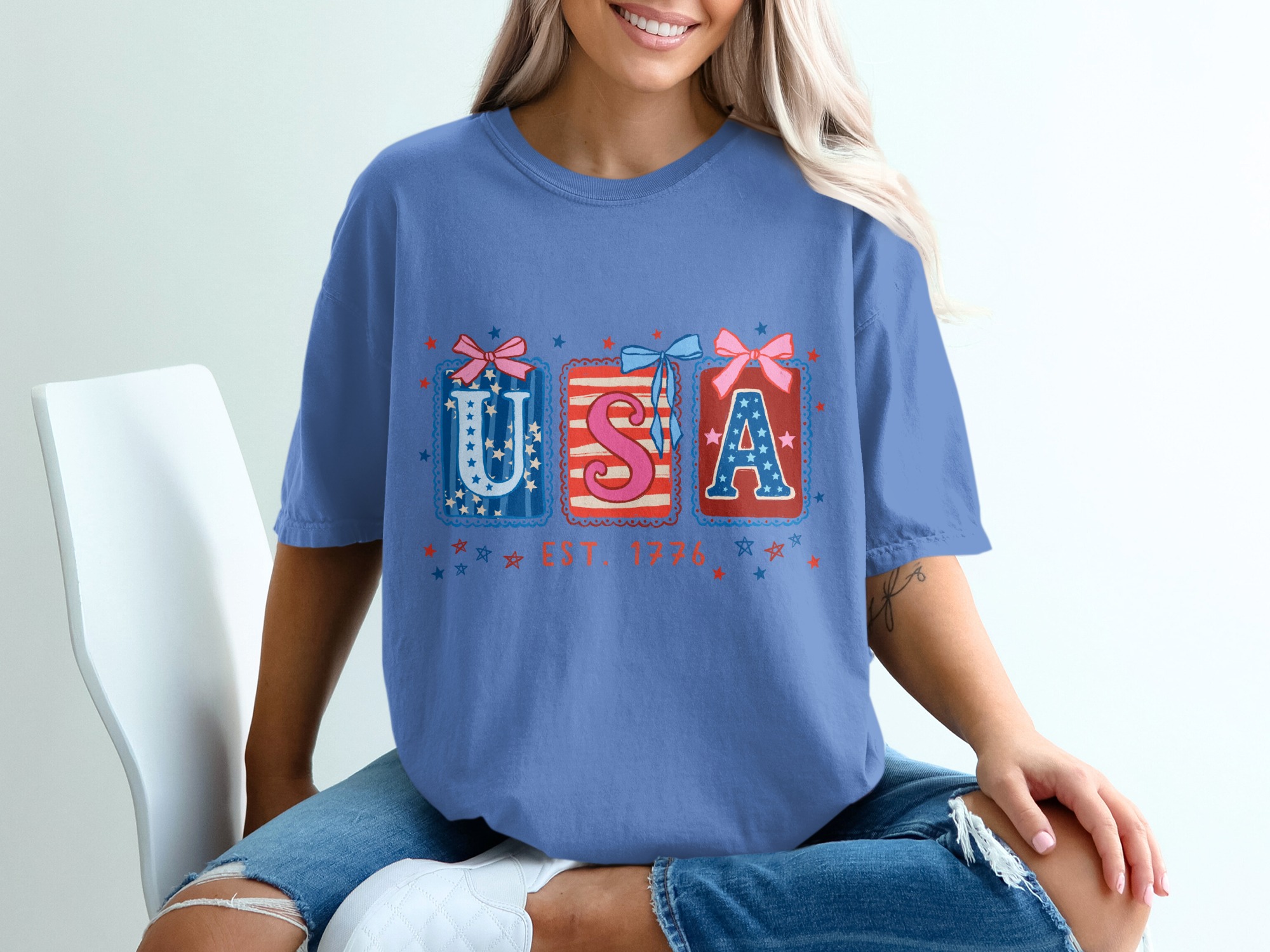 Patriotic USA Est 1776 T-Shirt, Whimsical Americana Tee, Fourth of July Top, Vintage Independence Day Shirt for Her, Cute Stars & Stripes - Image 20