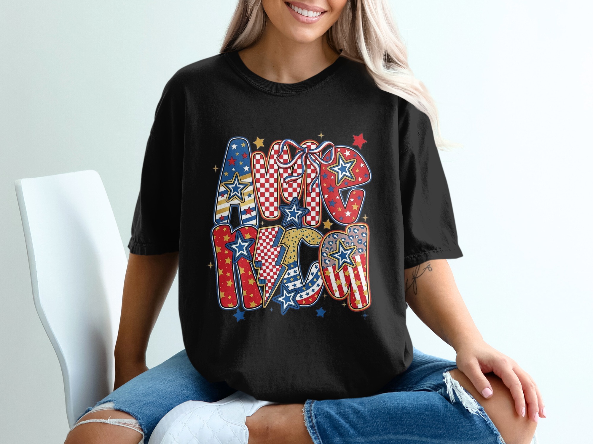 America T-Shirt, Patriotic 4th of July Tee, USA Flag Red White Blue Top, Western Boho Celebration Graphic Shirt - Image 5