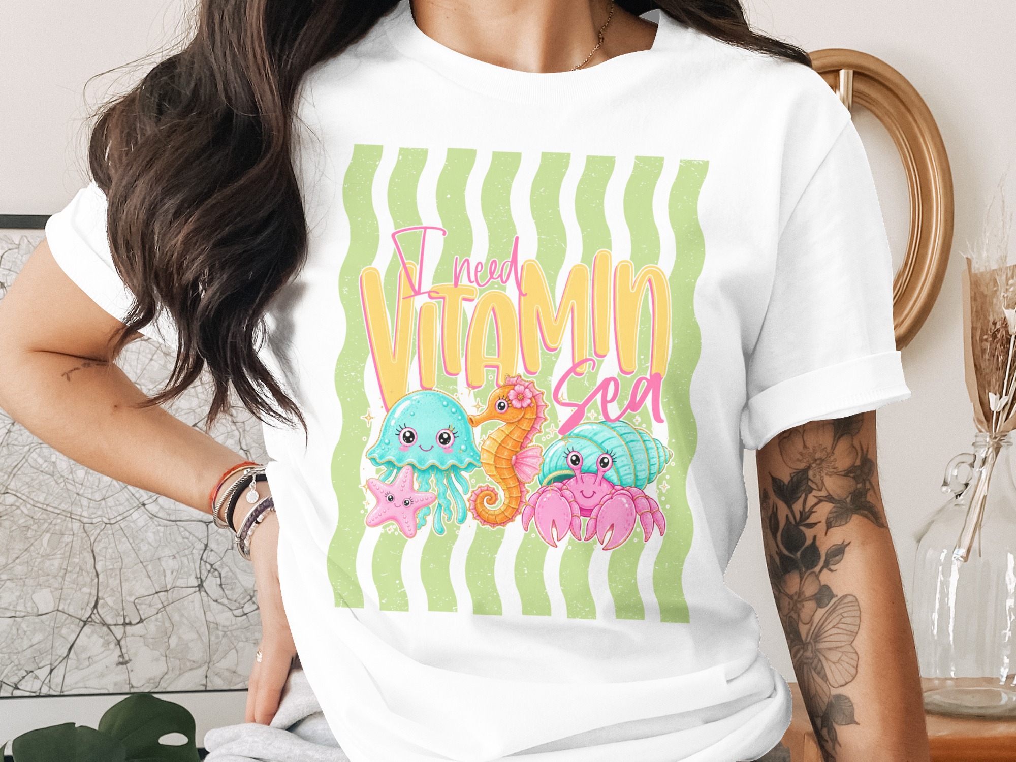 Comfort Colors® Vitamin Sea T-Shirt, Cute Ocean Animals Beach Tee, Summer Vacation Shirt, Nautical Crab Seahorse Starfish Jellyfish Gift