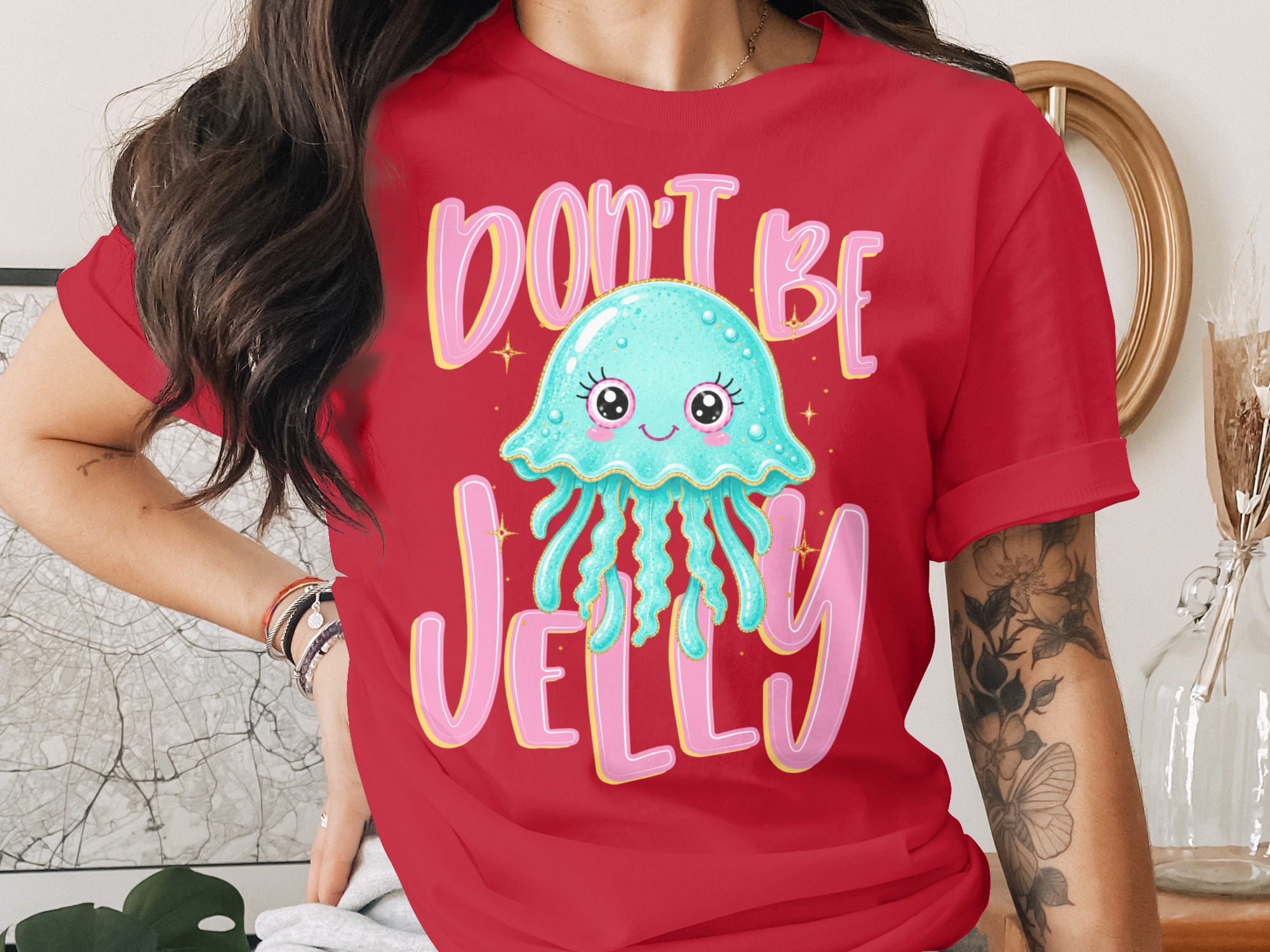 Don't Be Jelly T-Shirt, Cute Jellyfish Shirt, Kawaii Ocean Pun Tee, Faux Glitter Effect Sea Animal Top, Funny Beach Vibe Tee, Gift for Her - Image 4