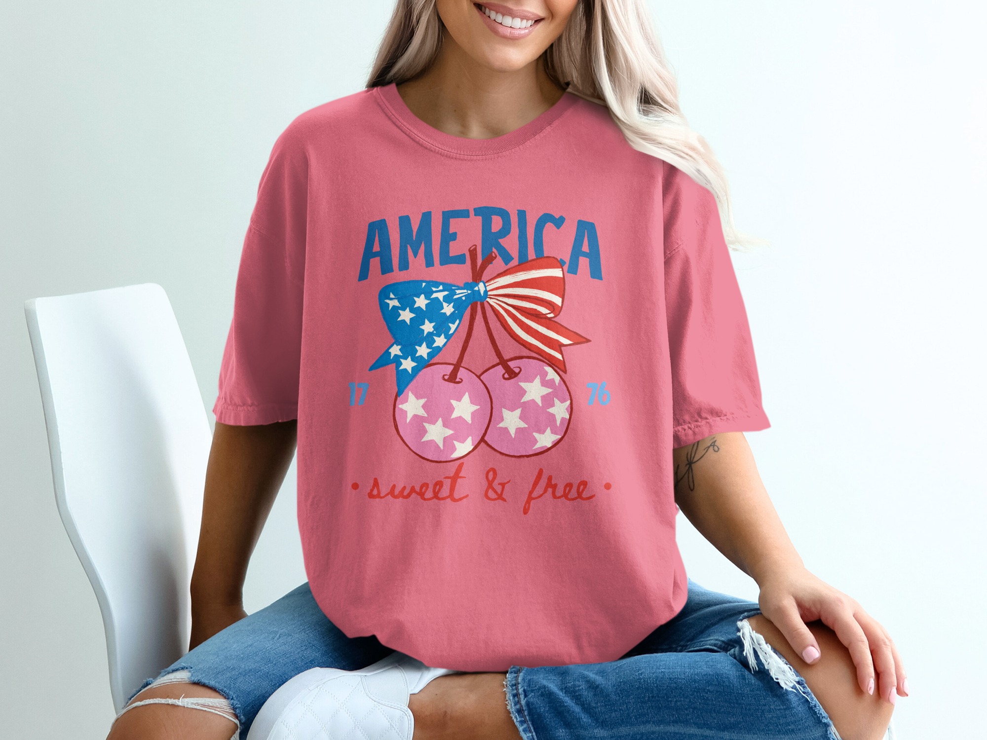 America Sweet & Free T-Shirt, Patriotic Cherry Bow Tee, Fourth of July Vintage Style Shirt, USA Flag Summer Graphic Tee Gift for Her - Image 16