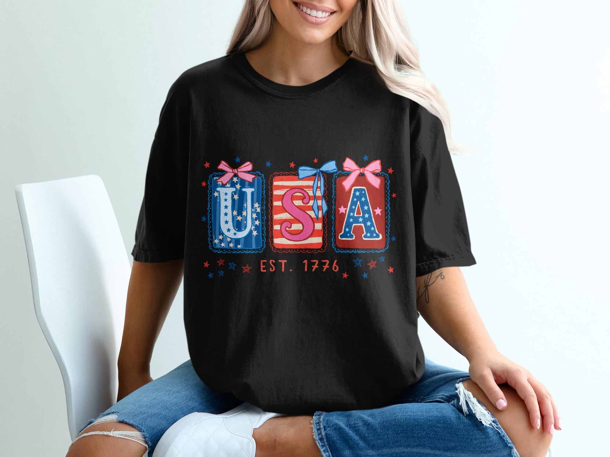 Patriotic USA Est 1776 T-Shirt, Whimsical Americana Tee, Fourth of July Top, Vintage Independence Day Shirt for Her, Cute Stars & Stripes - Image 8