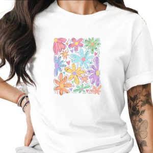 Comfort Colors® Pastel Floral T-Shirt, Whimsical Doodle Flower Tee, Soft Aesthetic Spring Summer Shirt, Happy Boho Gift for Her