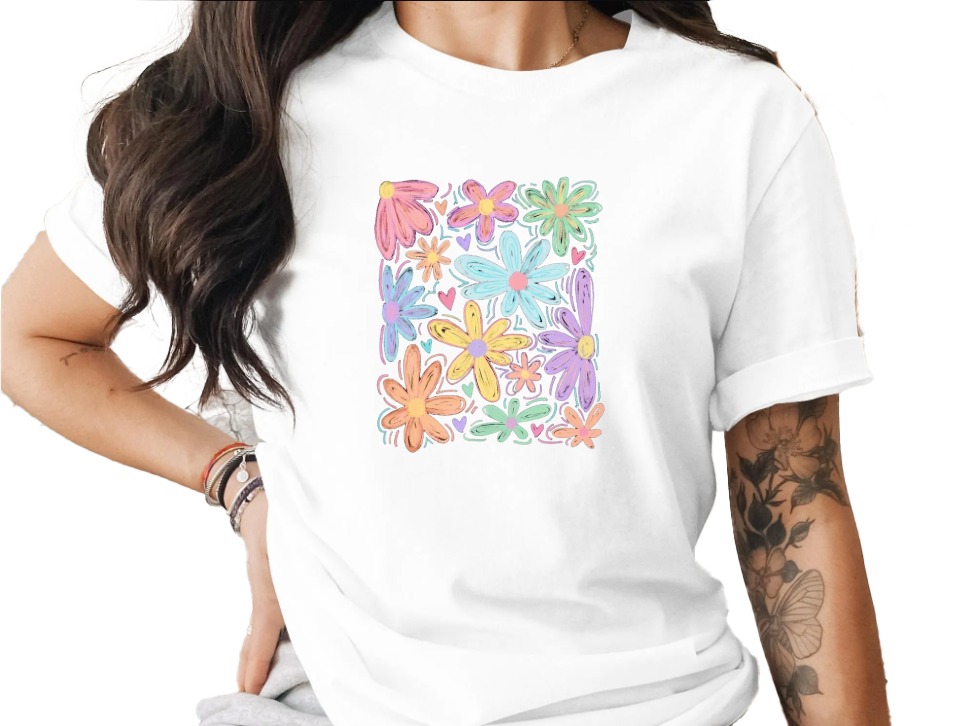 Comfort Colors® Pastel Floral T-Shirt, Whimsical Doodle Flower Tee, Soft Aesthetic Spring Summer Shirt, Happy Boho Gift for Her