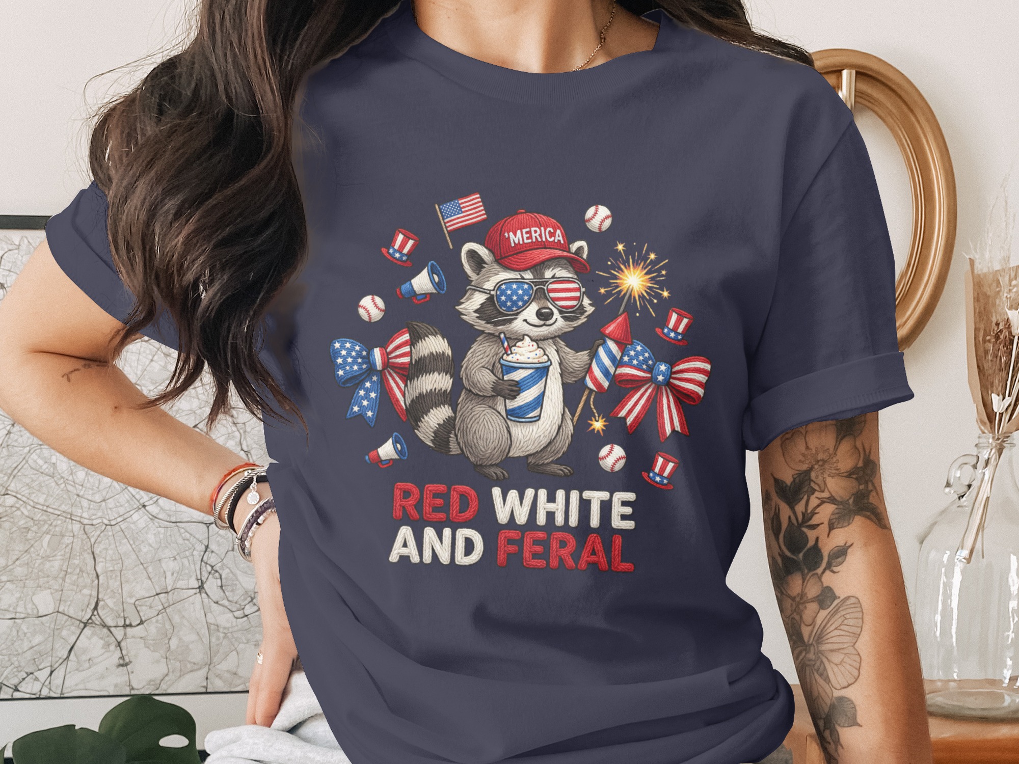 Red White and Feral Raccoon T-Shirt, Funny 4th of July Patriotic America Tee, Independence Day Party Animal Lover Gift - Image 3