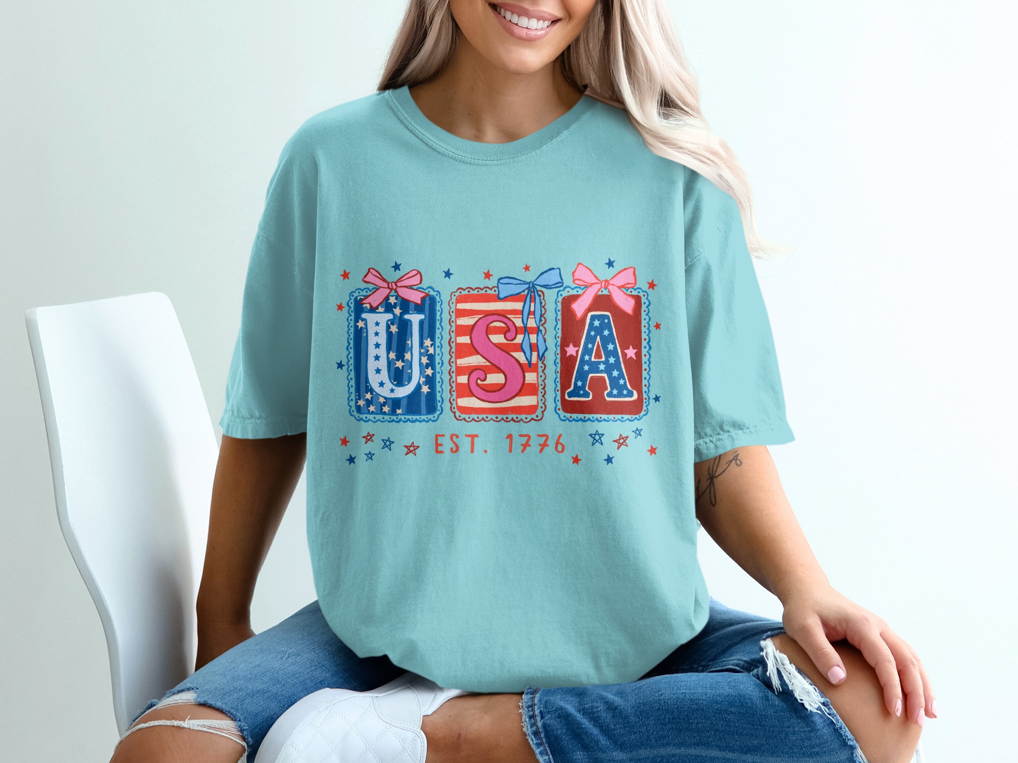 Patriotic USA Est 1776 T-Shirt, Whimsical Americana Tee, Fourth of July Top, Vintage Independence Day Shirt for Her, Cute Stars & Stripes - Image 19
