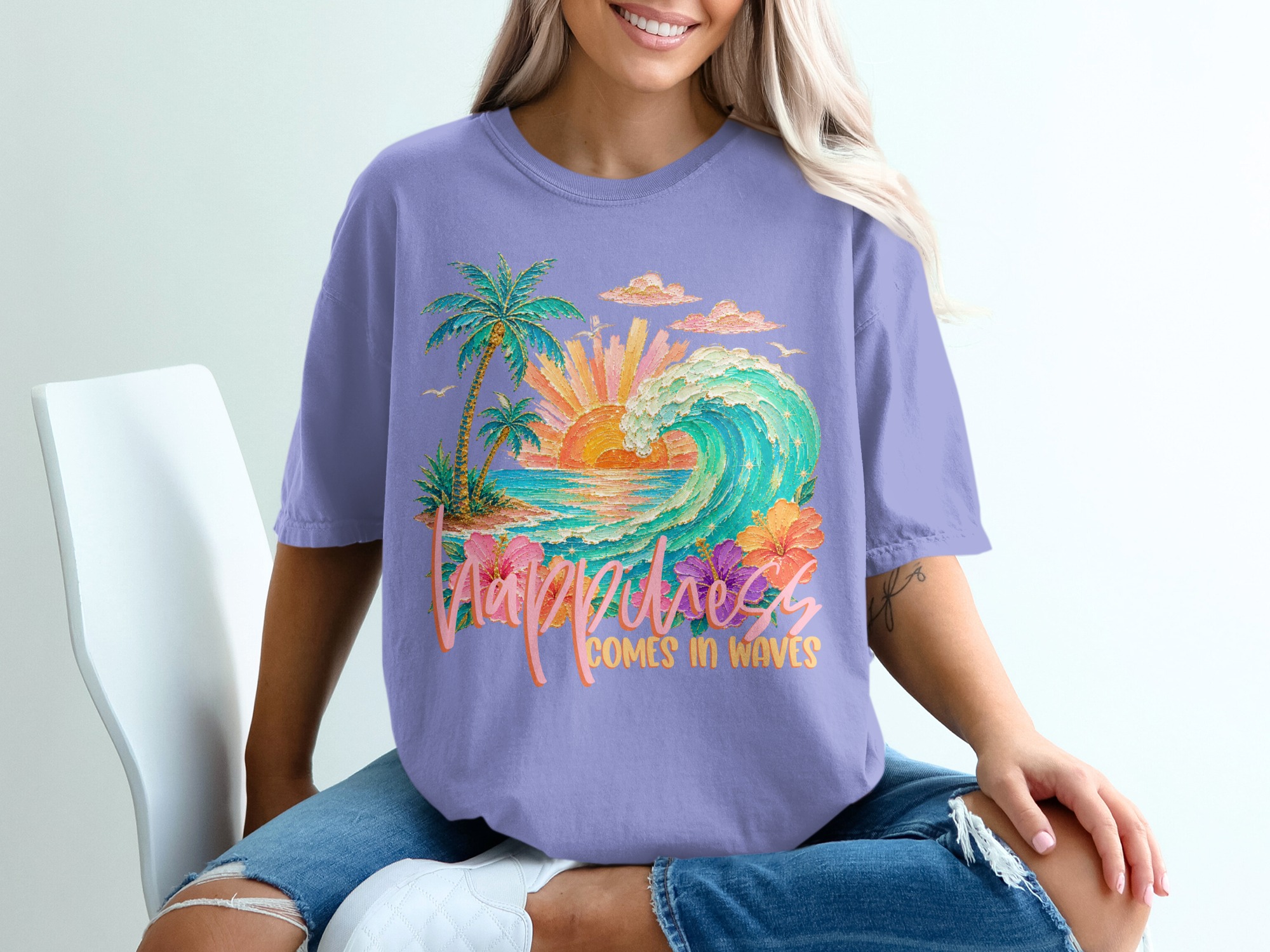 Happiness Comes in Waves T-Shirt, Tropical Beach Vacation Tee, Faux Glitter Print Ocean Wave Design, Palm Tree Sunset, Coastal Boho Summer - Image 18