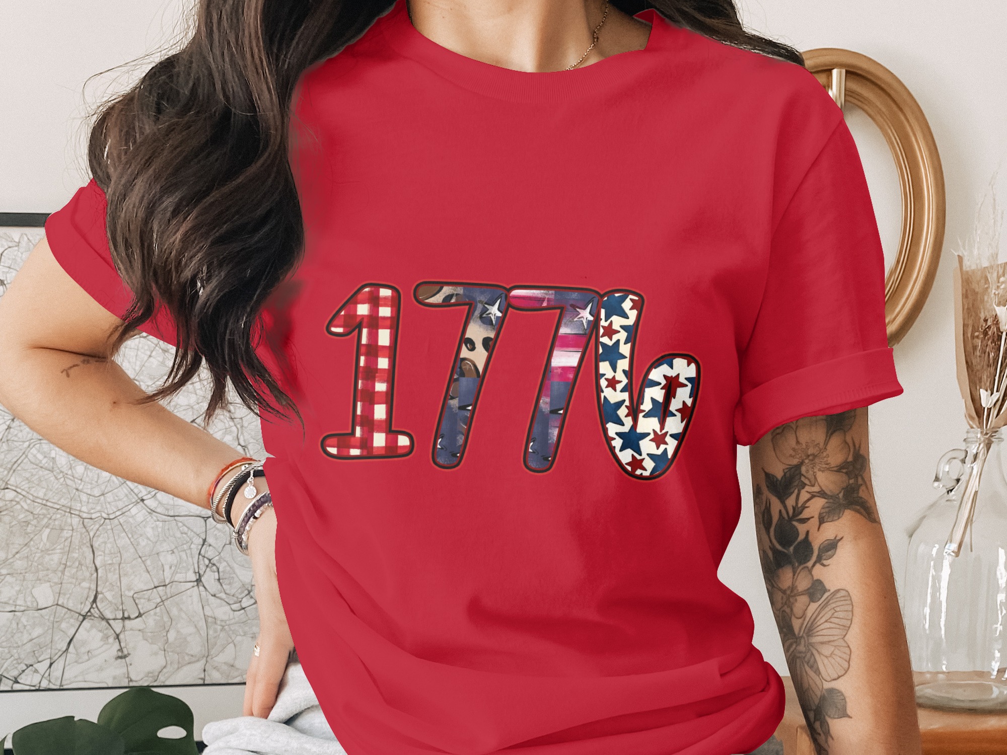 1776 Patriotic T-Shirt, Fourth of July America Tee, Distressed Americana Design, Independence Day Buffalo Plaid Leopard Print - Image 4