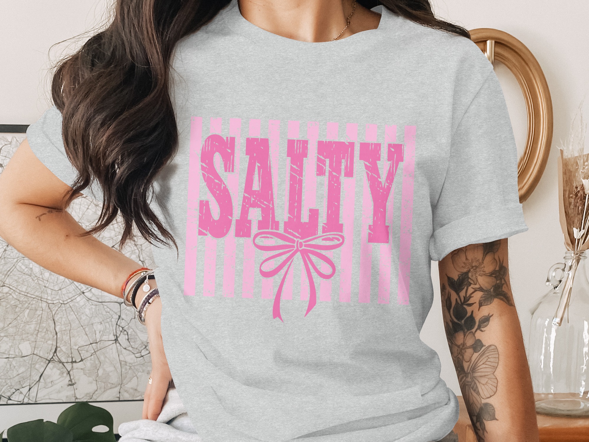 Salty T-Shirt, Pink Salty Tee with Faux Distressed Bow, Sassy Girly Graphic Top, Coquette Aesthetic Shirt, Cute Humorous Gift for Her - Image 2