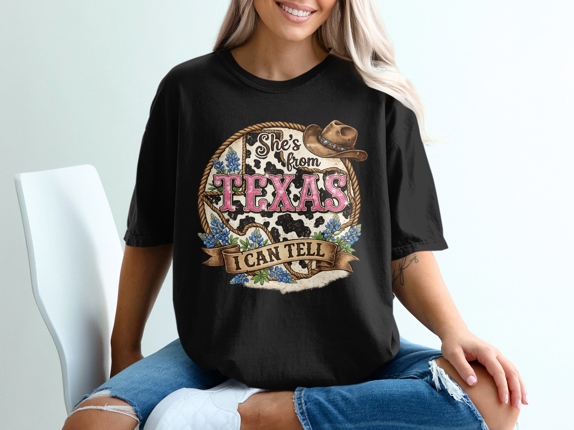 She's From Texas T-Shirt, Texas Pride Cowgirl Tee, Southern Women's Graphic Shirt, Bluebonnet Western Style Gift for Her - Image 8