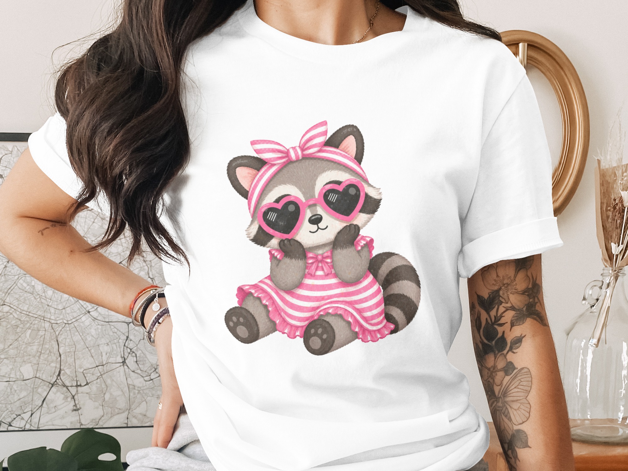 Cute Raccoon Pink Heart Sunglasses T-Shirt