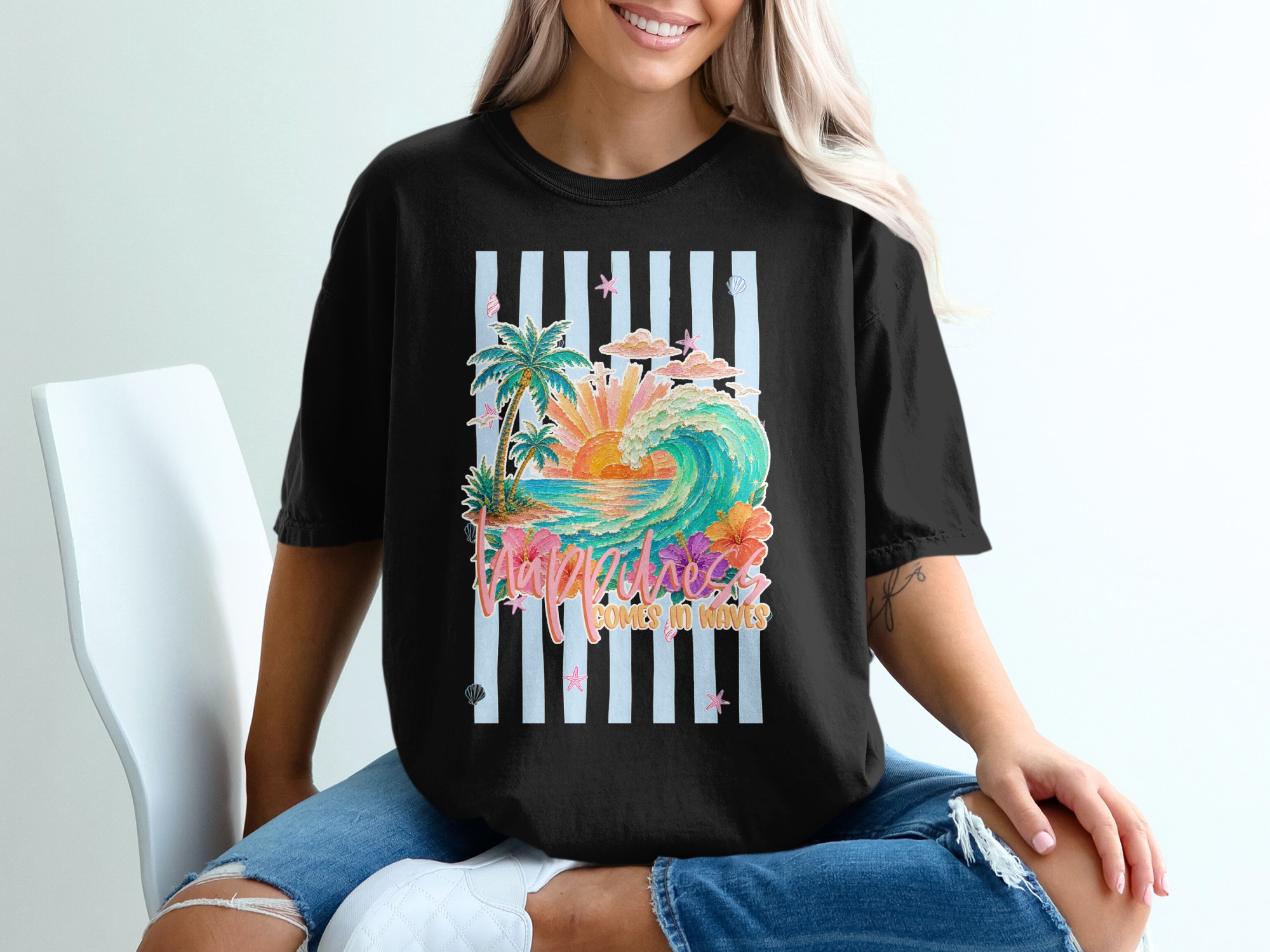 Comfort Colors® Happiness Comes in Waves T-Shirt, Beach Lover Gift, Tropical Vacation Tee, Summer Ocean Wave Sunset Shirt - Image 6