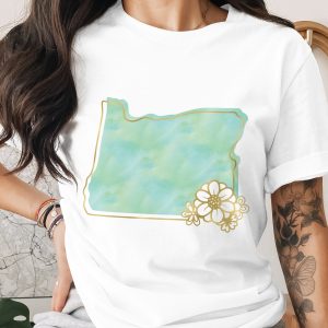 Oregon State Watercolor Faux Gold Floral T-Shirt, Pacific Northwest PNW Lover Tee, Nature Enthusiast Gift