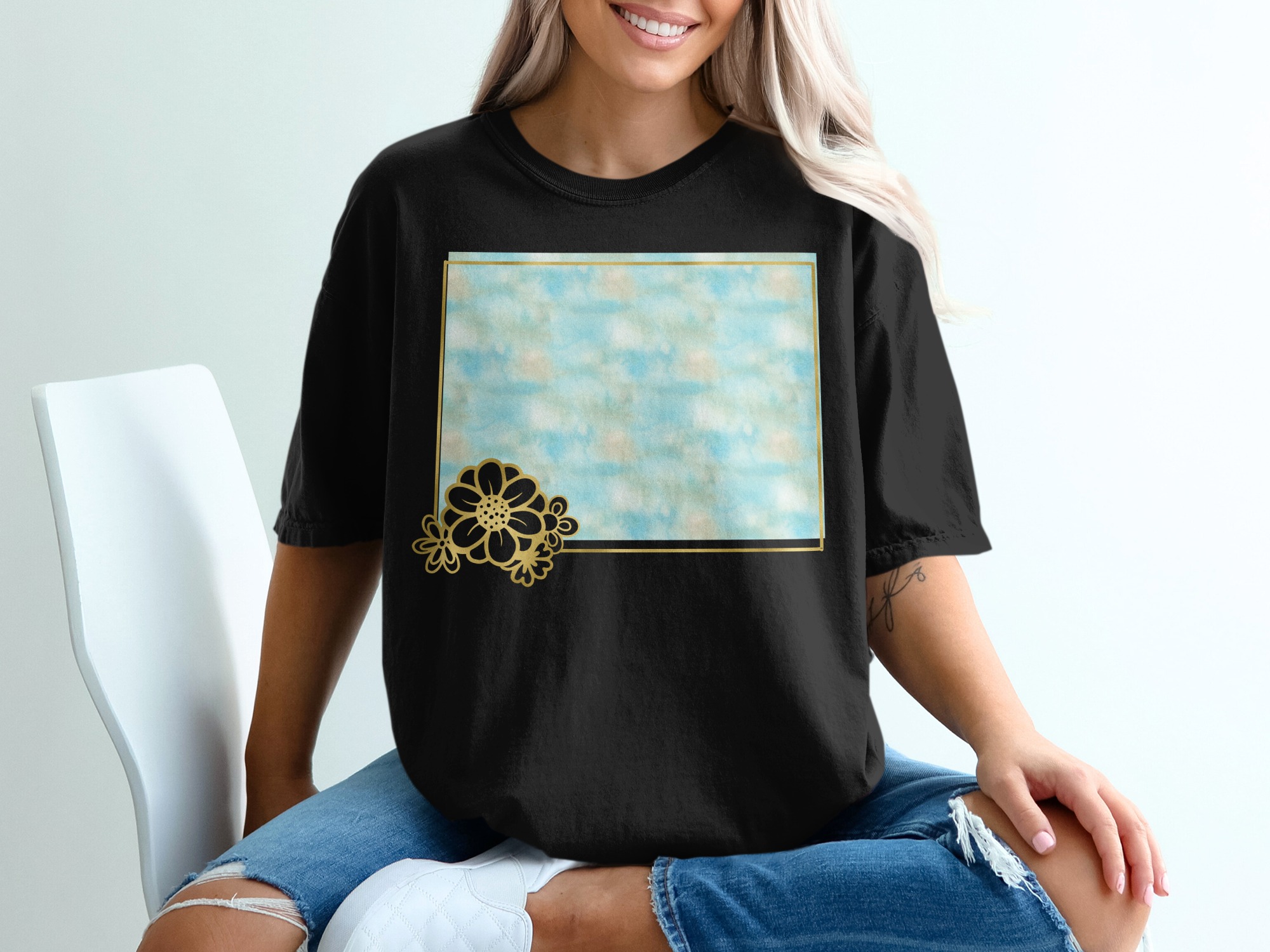 Watercolor Floral T-Shirt, Faux Gold Effect Flower Tee, Boho Aesthetic Women's Top, Artistic Gilded Graphic Print Shirt Gift - Image 5