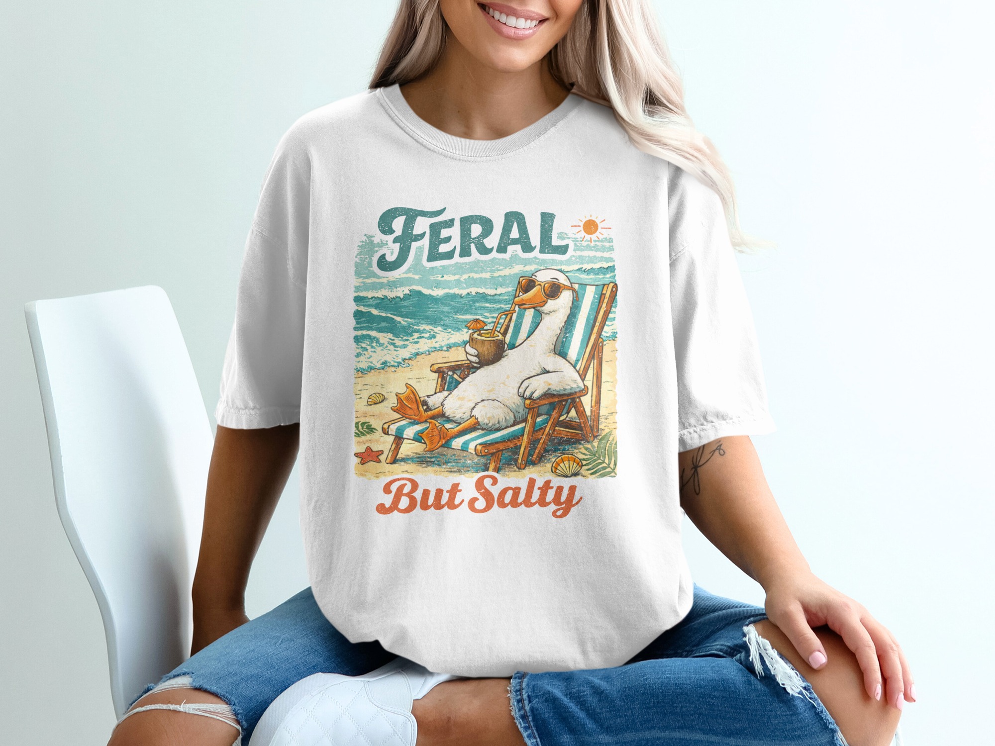 Feral But Salty T-Shirt, Comfort Colors ® Goose Beach Vacation Tee, Funny Summer Ocean Shirt, Sarcastic Animal Gift, Distressed Retro Vibe