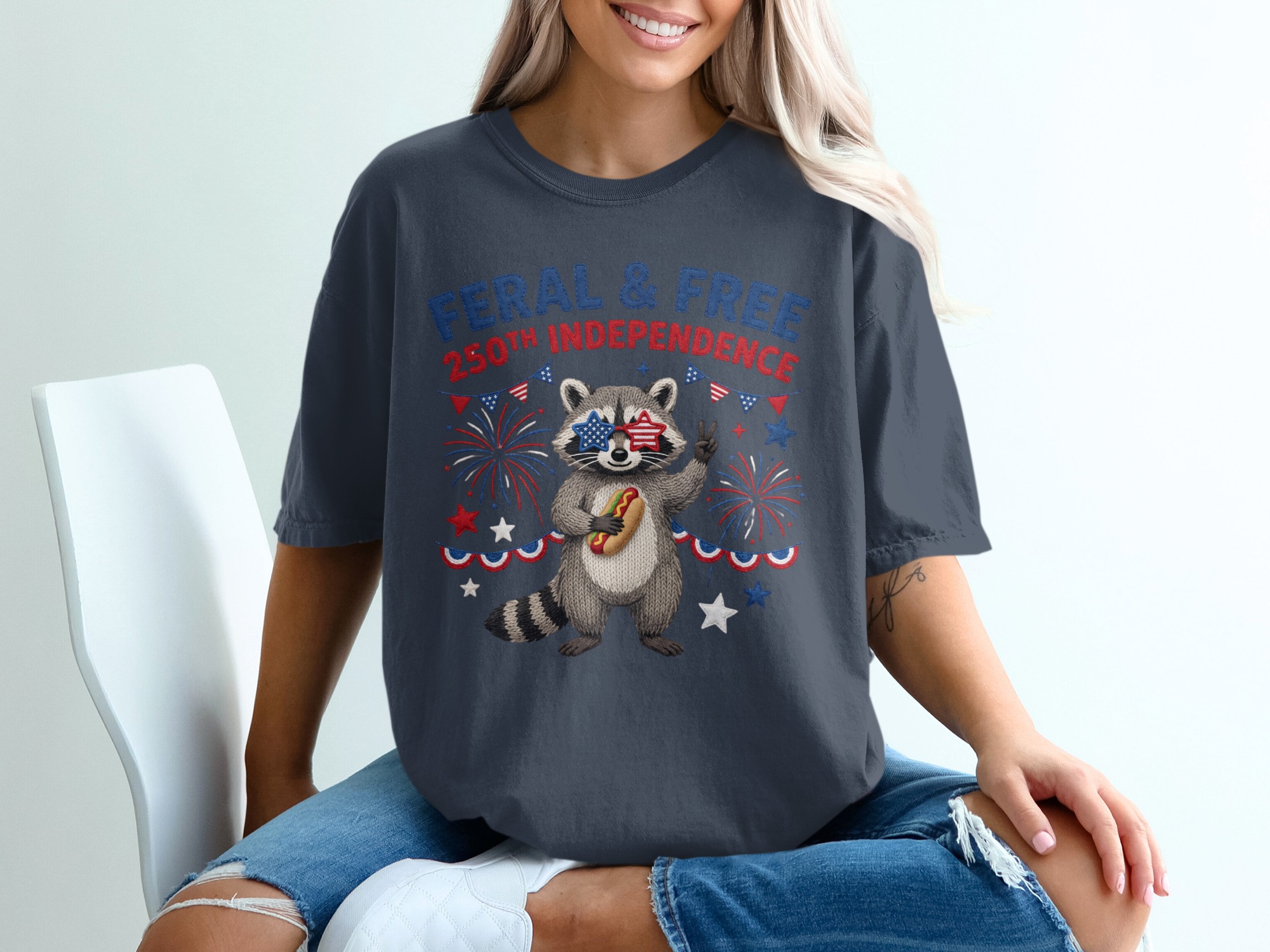 Feral Free Independence T-Shirt, Raccoon Fourth of July Tee, Patriotic Animal Shirt, 250th USA Celebration Gift Idea - Image 12