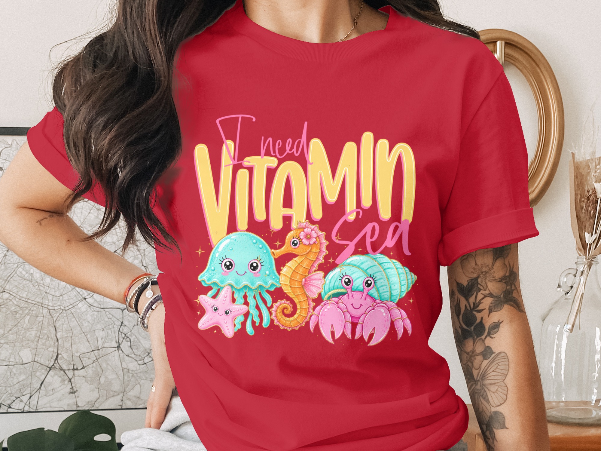 Vitamin Sea T-Shirt, Cute Ocean Lover Tee, Kawaii Beach Vacation Shirt, Faux Glitter Sea Creature Top, Summer Vibes Gift for Her - Image 4