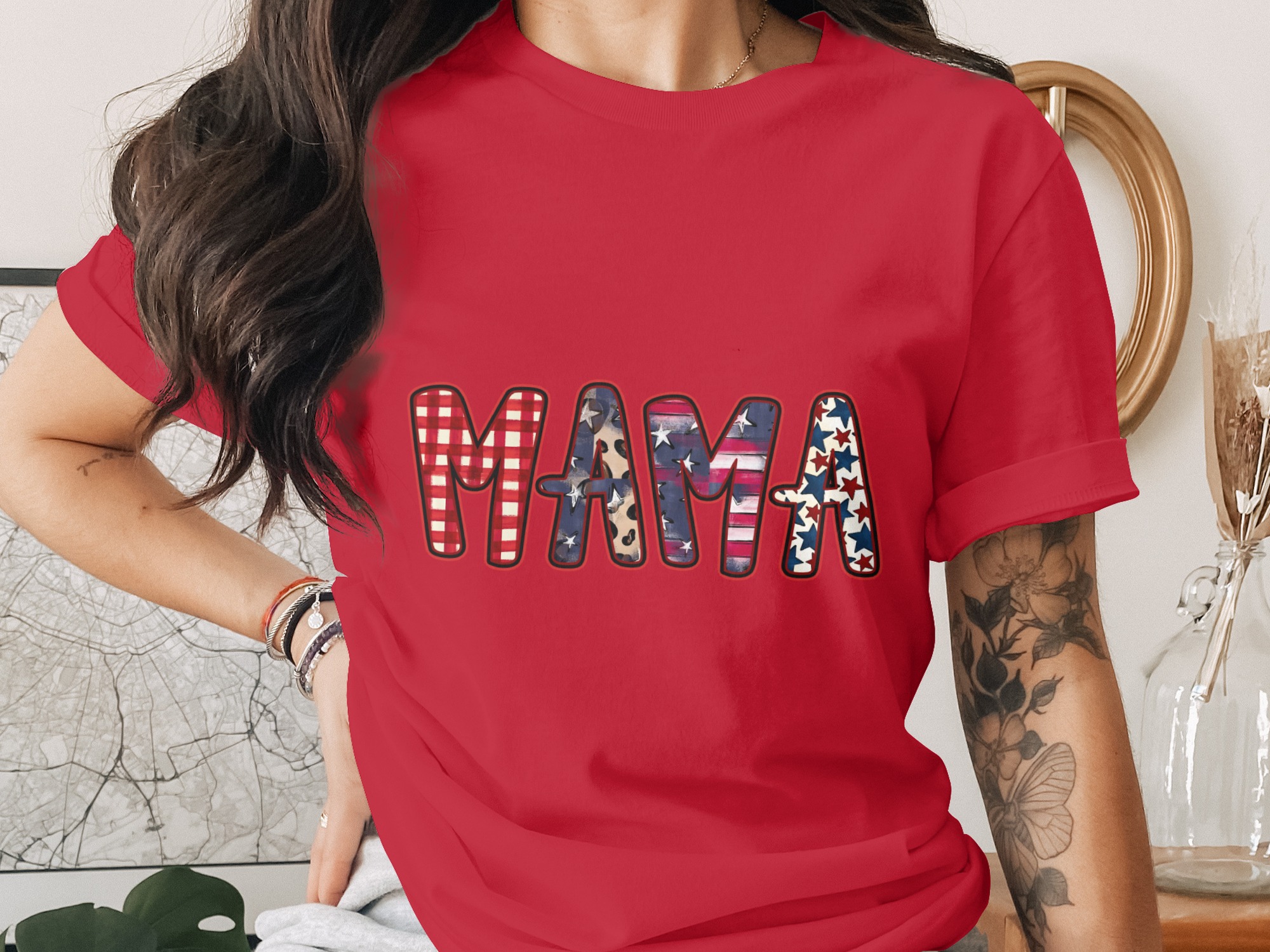 Patriotic Mama T-Shirt, Western Mama Shirt with Leopard Print, Buffalo Plaid Mama Gift, American Flag Star Mom Tee for Mother's Day - Image 4