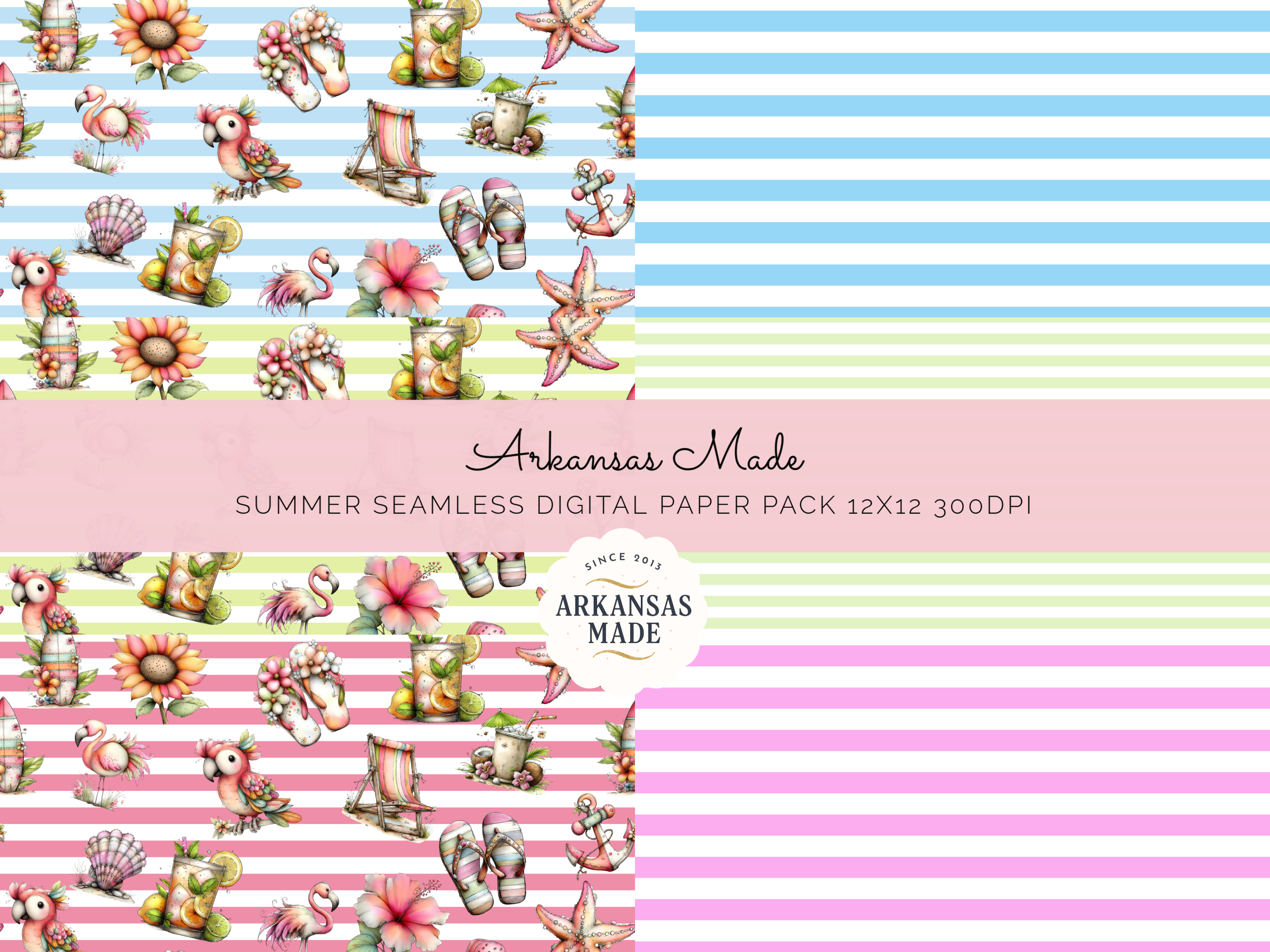 Summer Tropical Digital Seamless Papers Pack 12x12 300DPI | Flamingo Hibiscus Flip Flop Beach Stripes Pattern | Commercial Use Scrapbook - Image 2