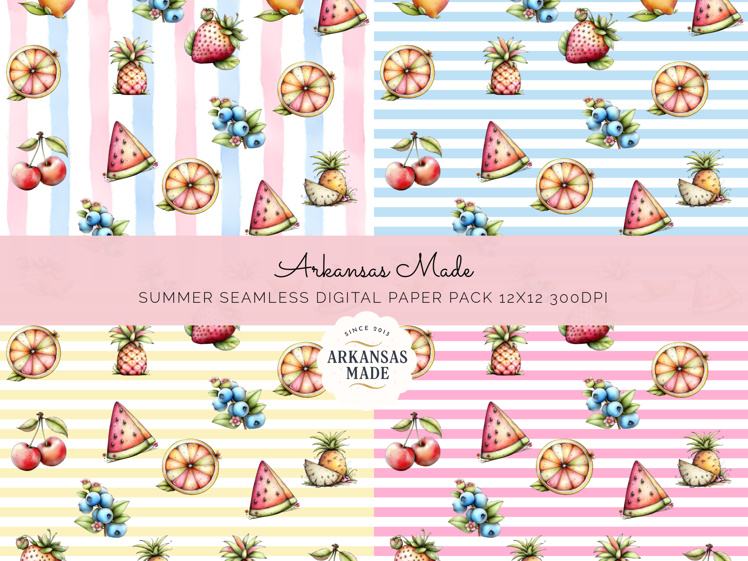 Summer Fruit Digital Seamless Papers 12x12 300 DPI | Watercolor Berry Citrus Pineapple Scrapbook Pack | Cute Pastel Fruity Backgrounds for - Image 2
