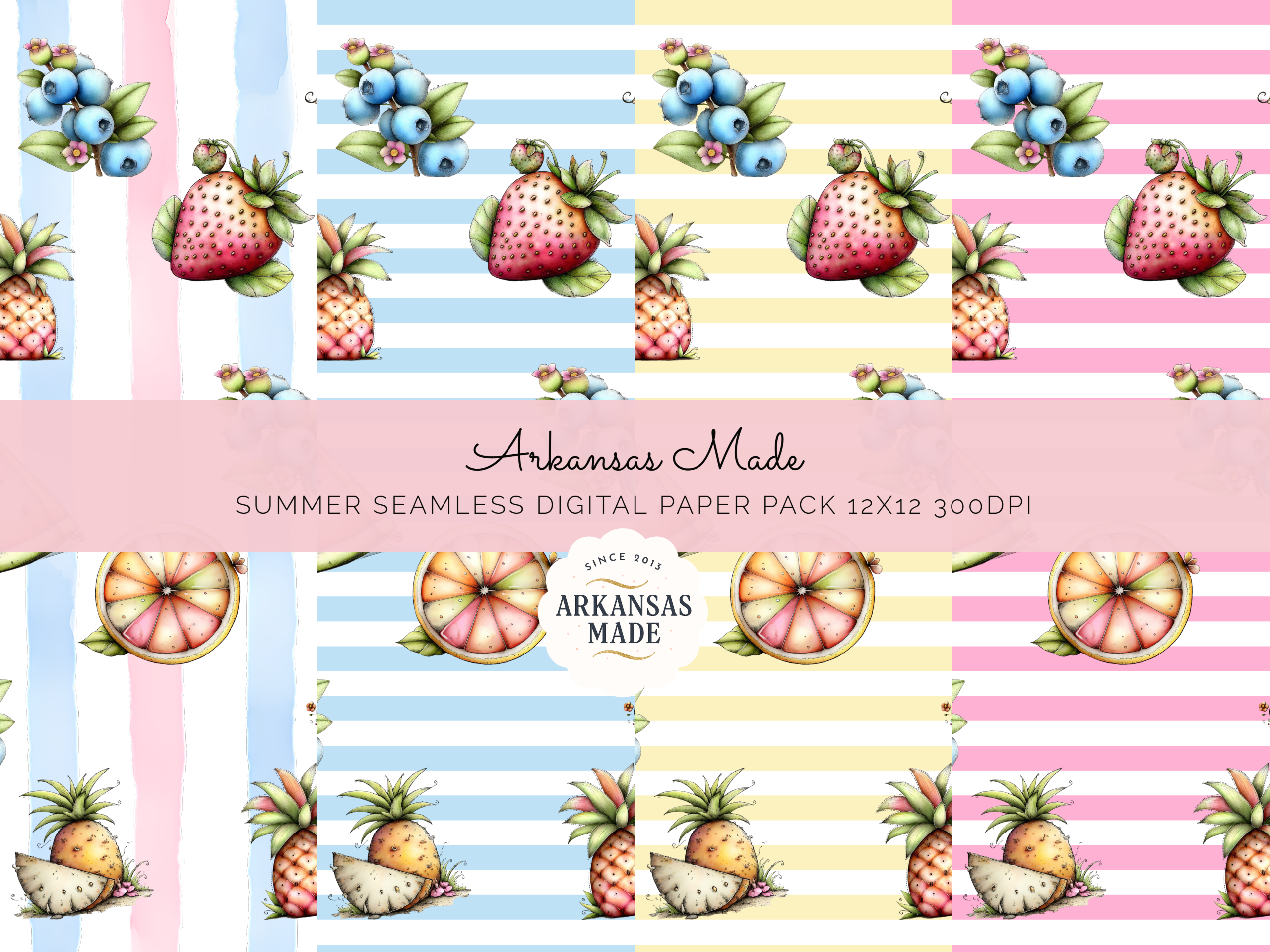 Summer Fruit Digital Seamless Papers 12x12 300 DPI | Watercolor Berry Citrus Pineapple Scrapbook Pack | Cute Pastel Fruity Backgrounds for